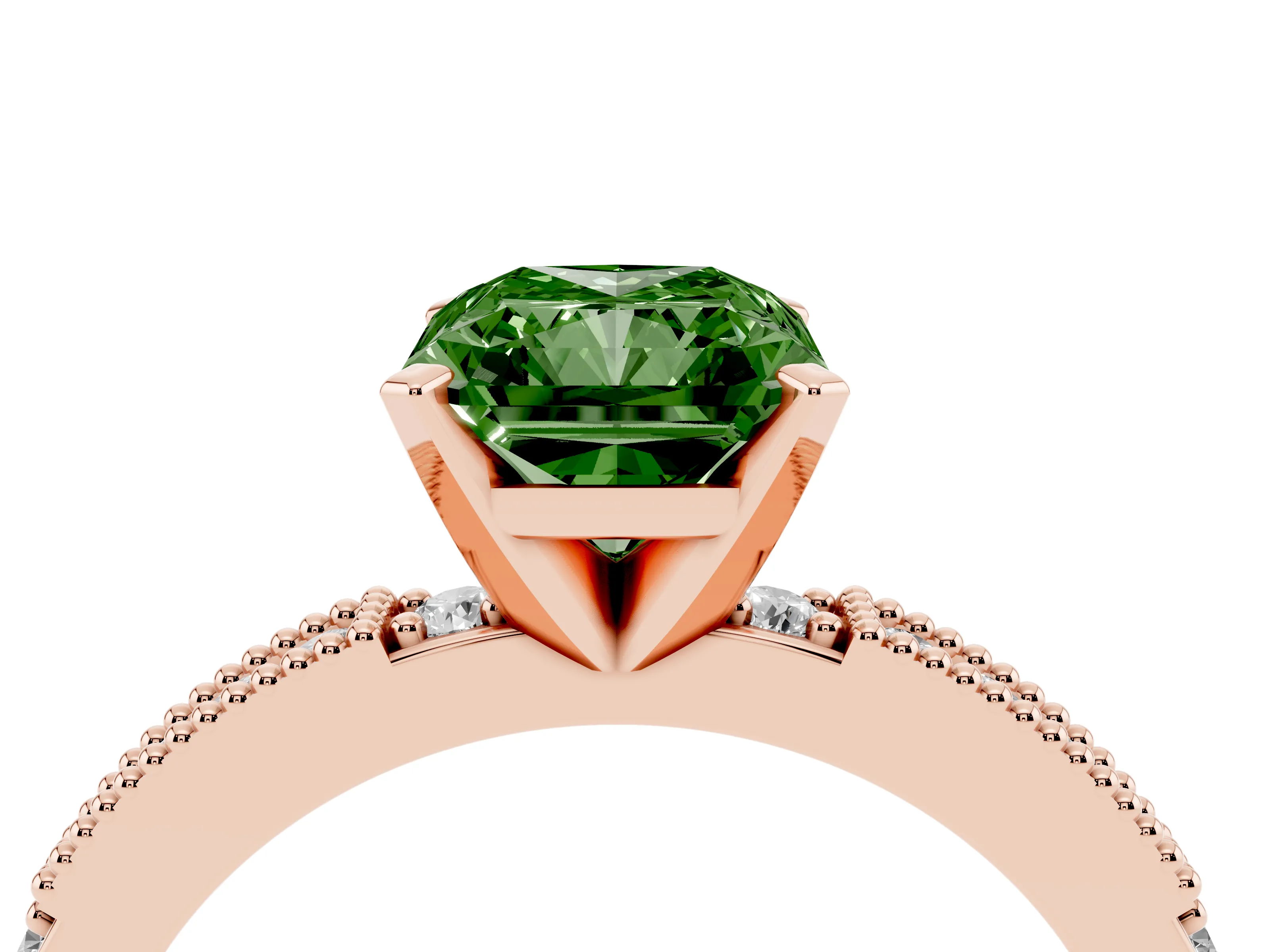 Fancy Green Radiant Cut Diamond Solitaire Ring Set in Rose gold with Slim Pavé Band and Prong Setting