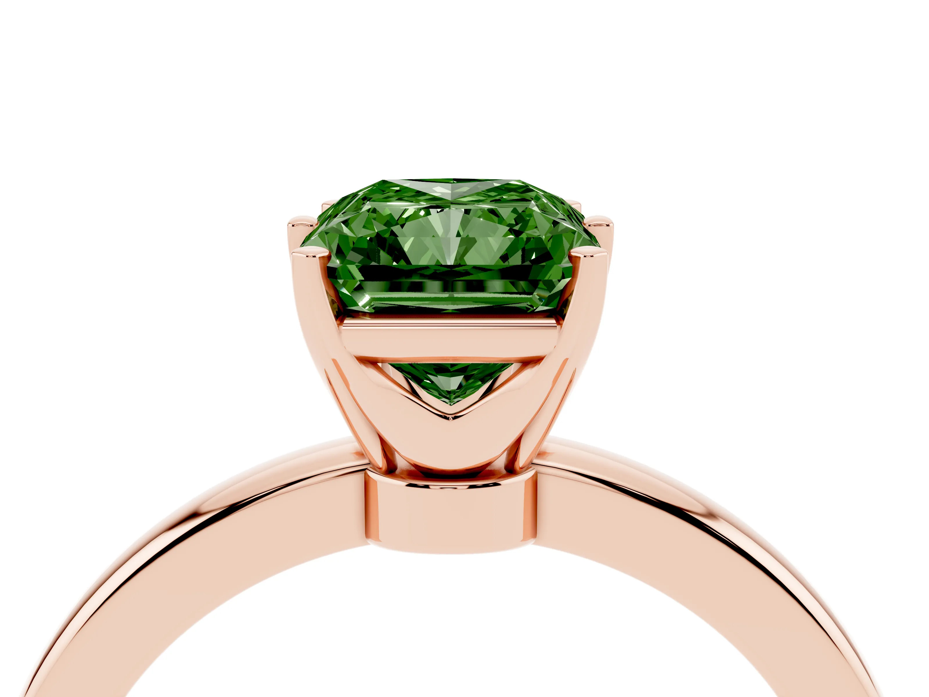 Fancy Green Radiant Cut Diamond Solitaire Ring Set in Rose gold with Raised Prong Setting on a Classic Band