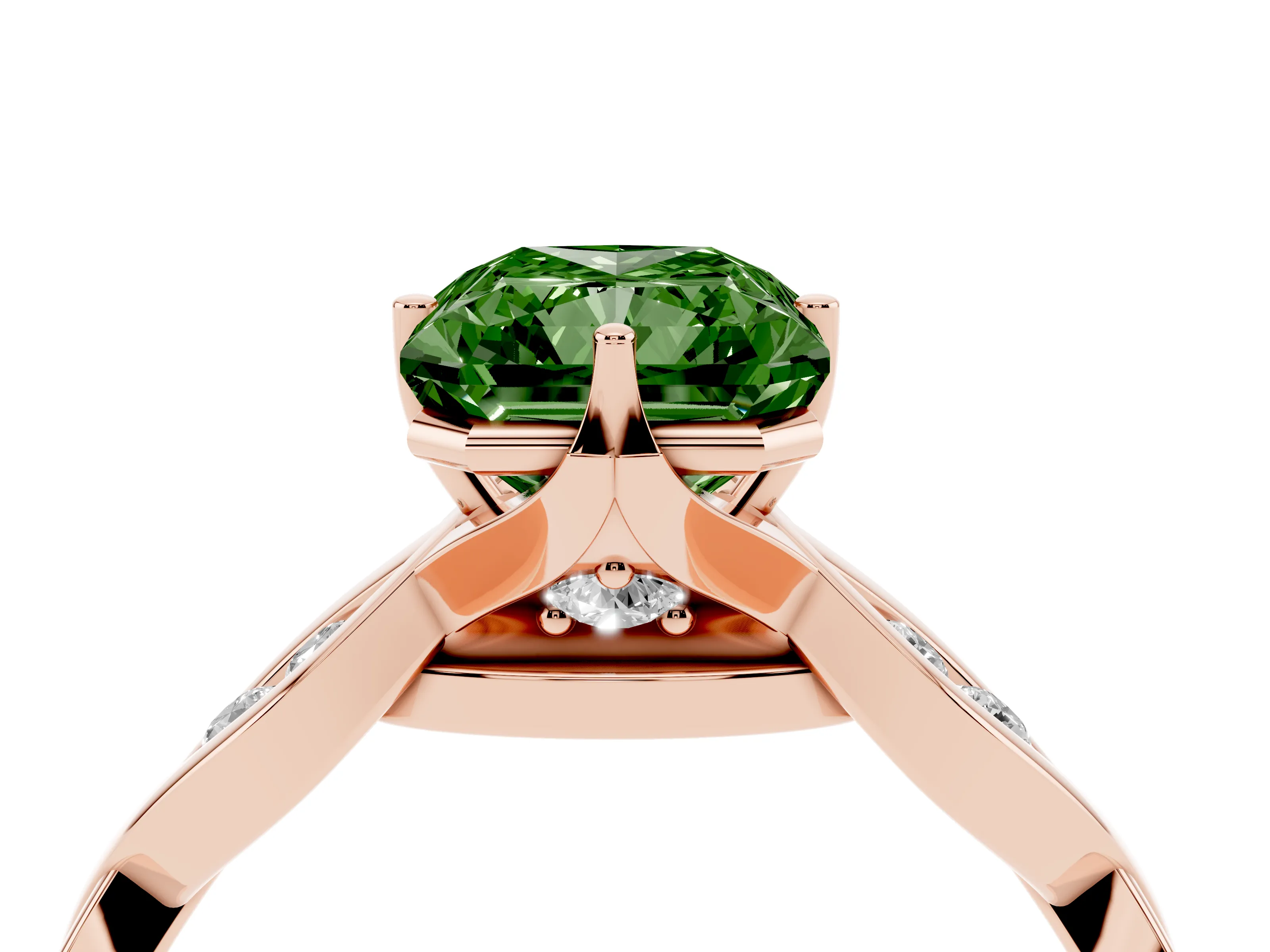 Fancy Green Radiant Cut Diamond Twist Band Solitaire Ring Set in Rose gold with Leaf Prong Setting and Accent Stones