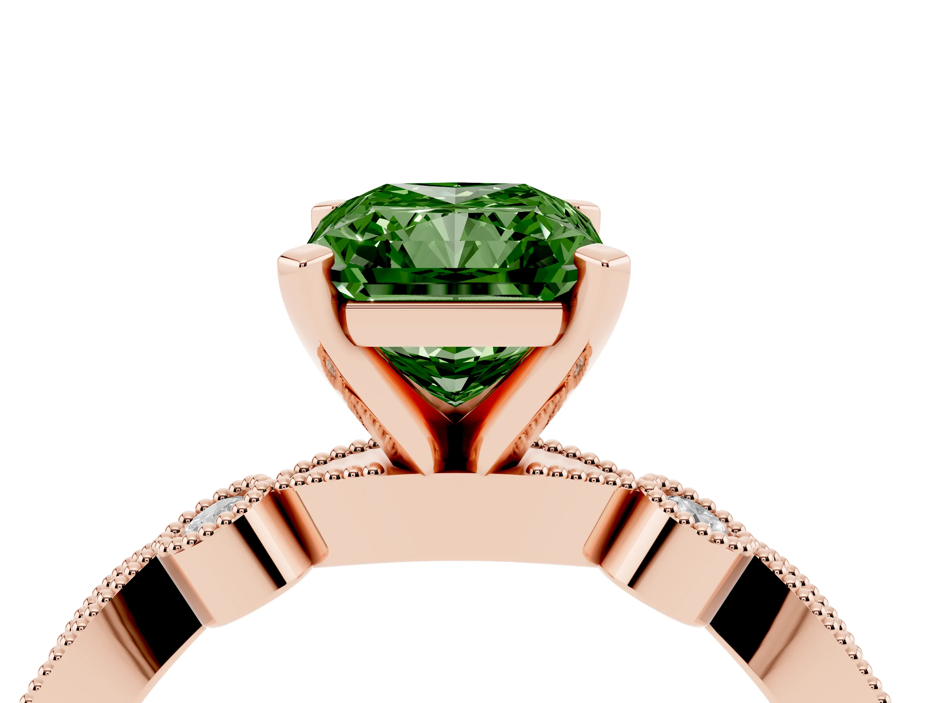 Fancy Green Radiant Cut Diamond Solitaire Engagement Ring Set in Rose gold with Milgrain Bezel Accent Band