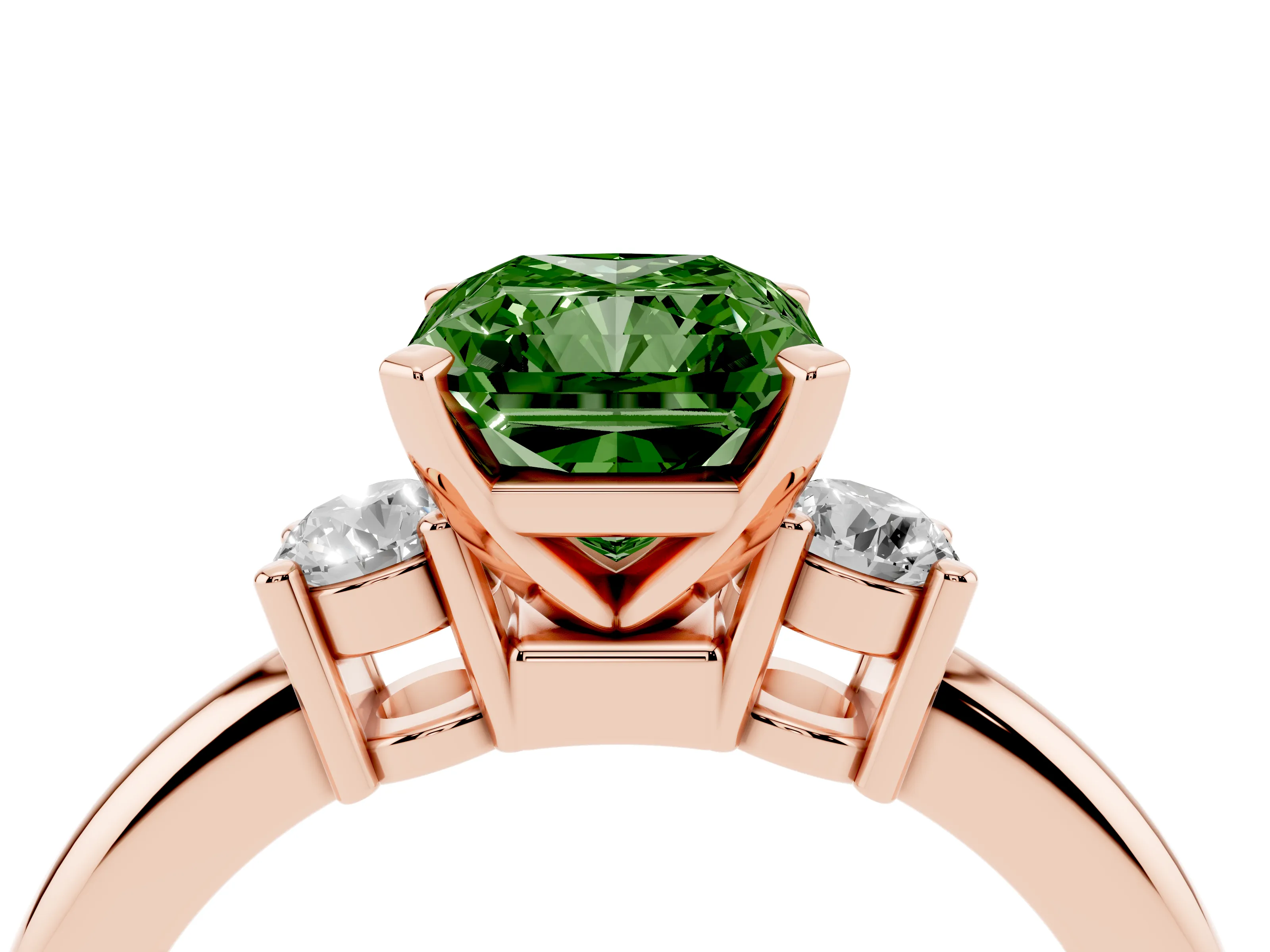 Fancy Green Three-Stone Radiant Cut Diamond Ring Set in Rose gold with Prong Setting and Plain Band
