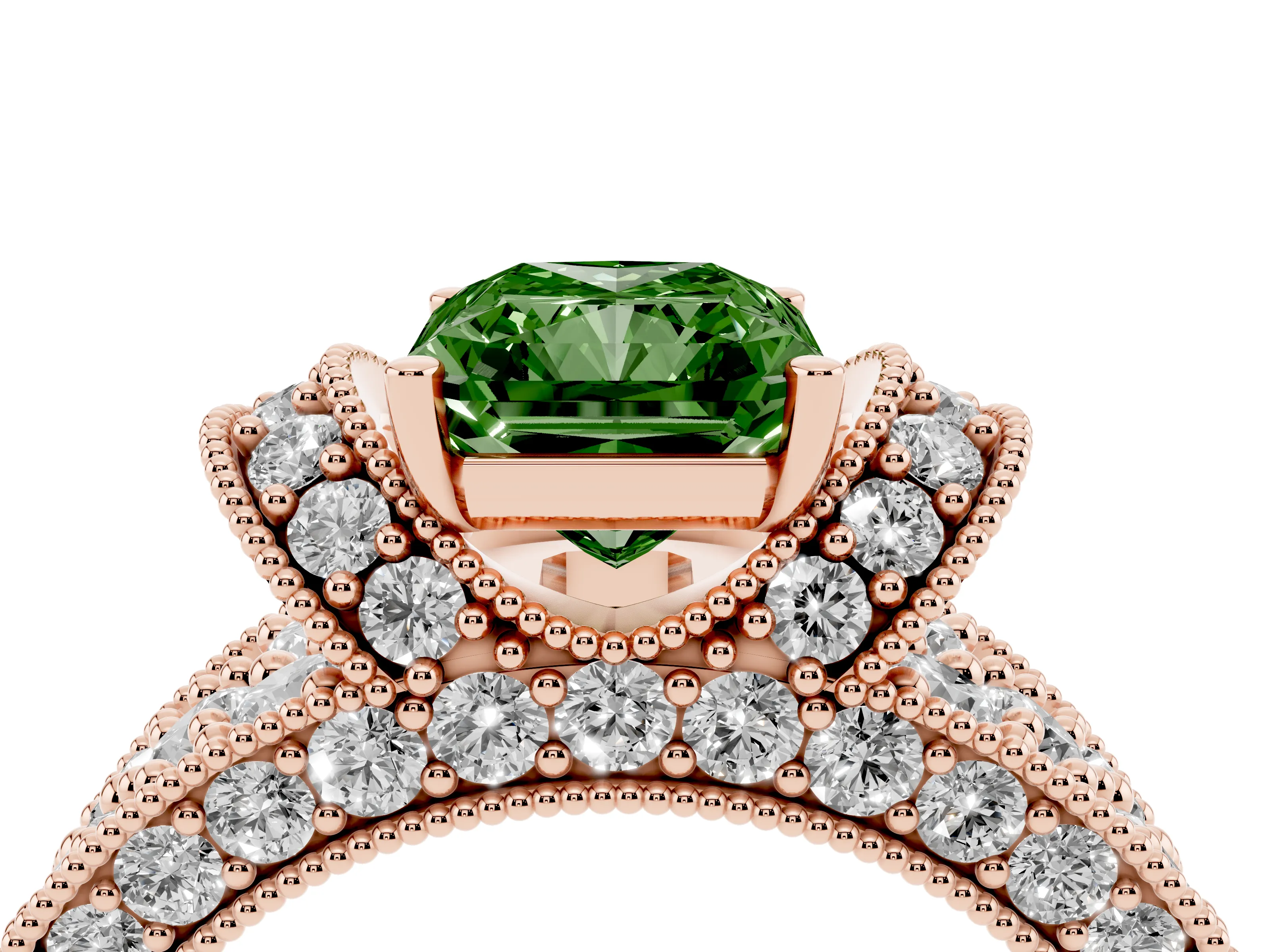 Fancy Green Radiant Cut Diamond Milgrain Halo Pavé Engagement Ring Set in Rose gold with Prong Setting