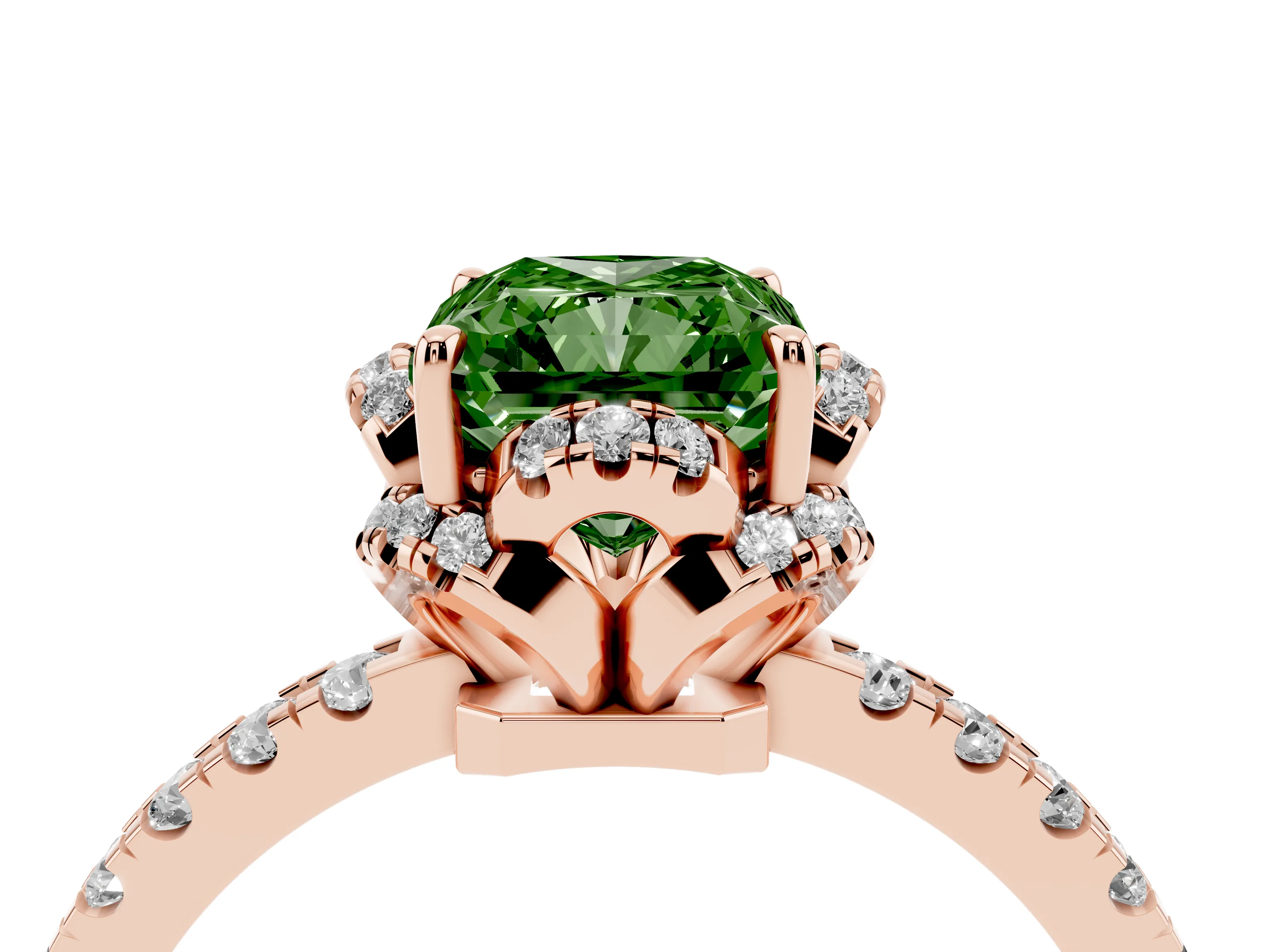 Fancy Green Radiant Cut Diamond Halo Pavé Band Ring Set in Rose gold with Prong-Held Center