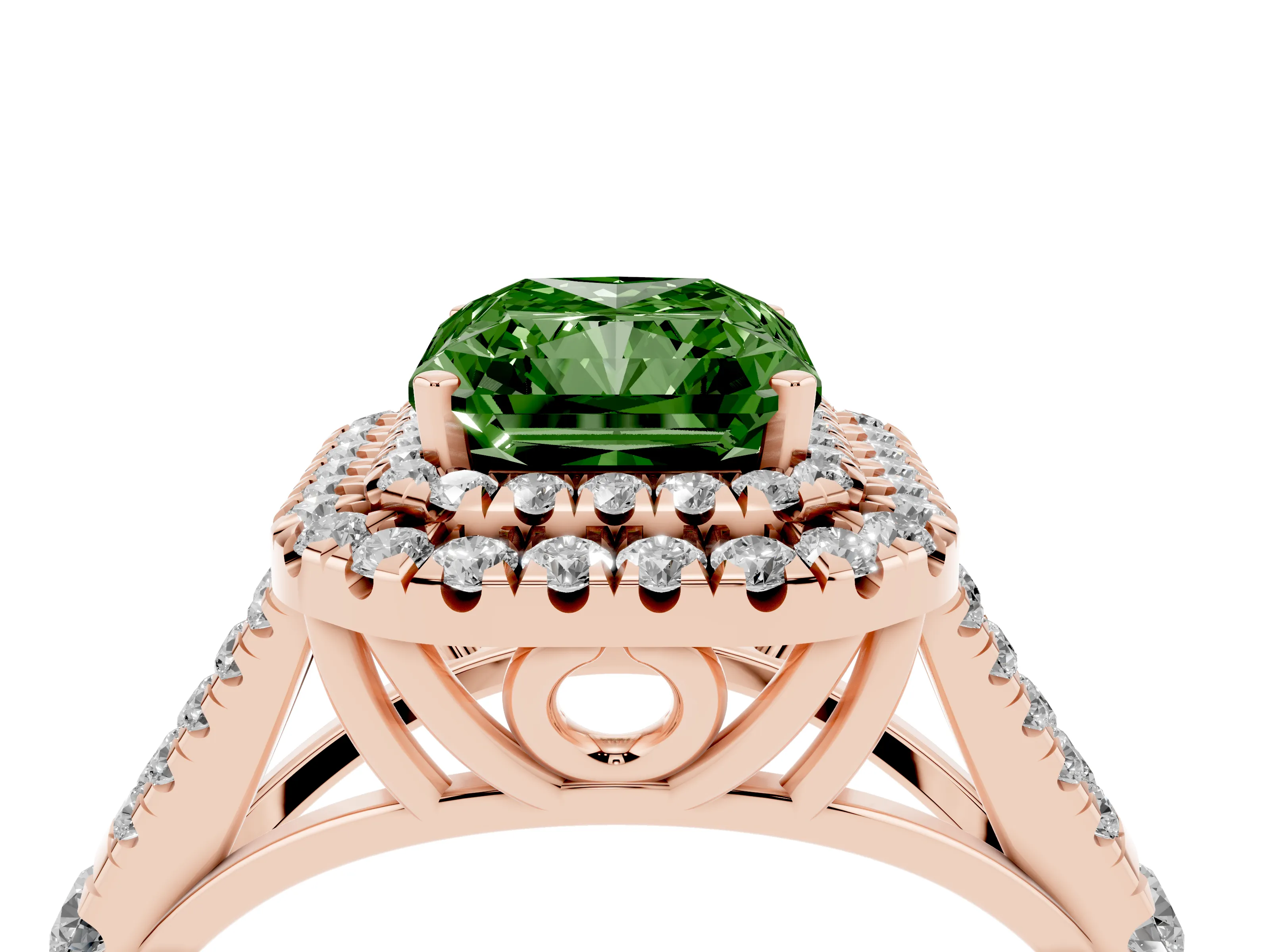 Fancy Green Radiant Cut Diamond Pavé Split Shank Double Halo Engagement Ring Set in Rose gold