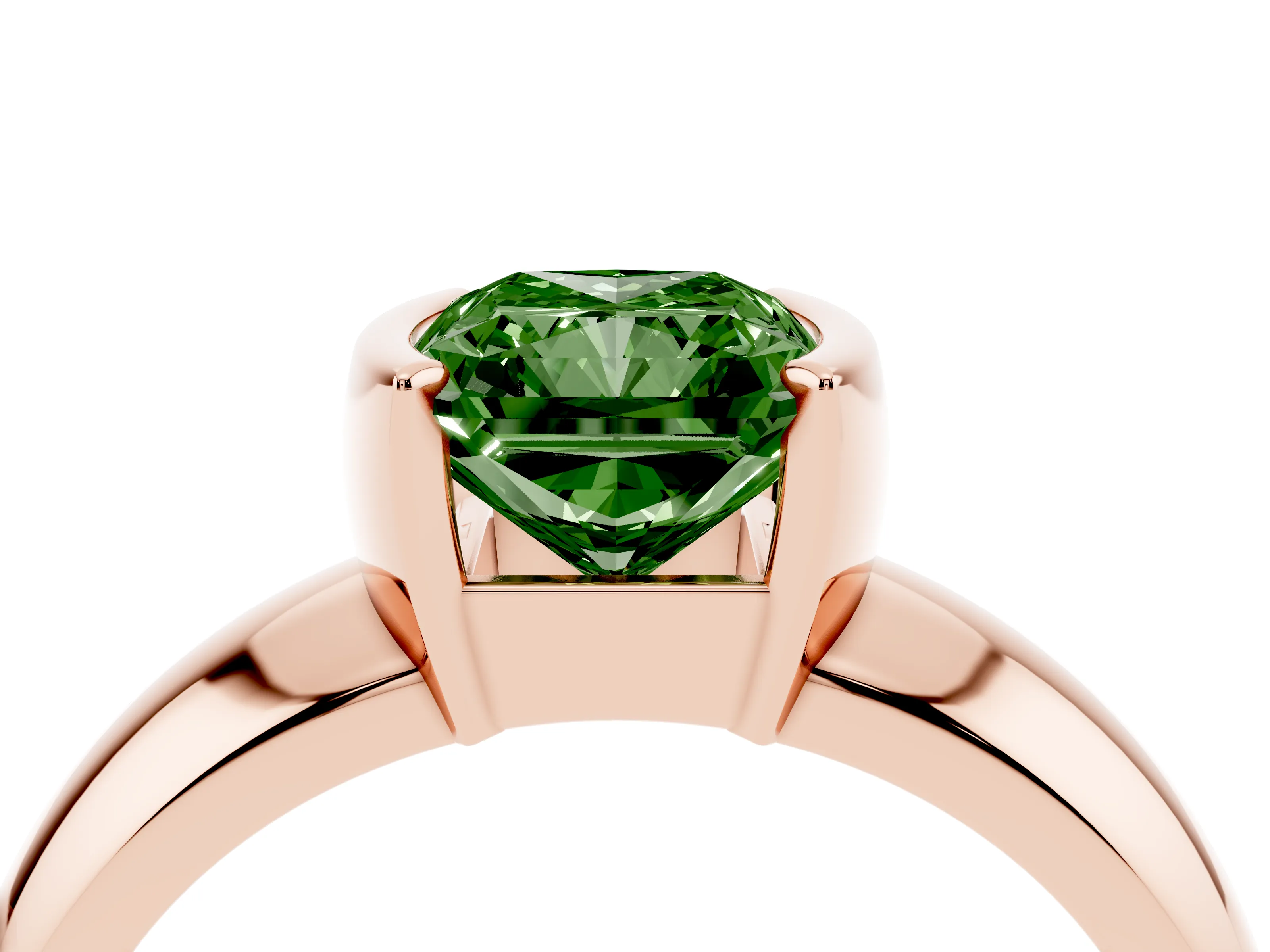 Fancy Green Radiant Cut Diamond Solitaire Tension Set Ring Set in Rose gold with Wide Band