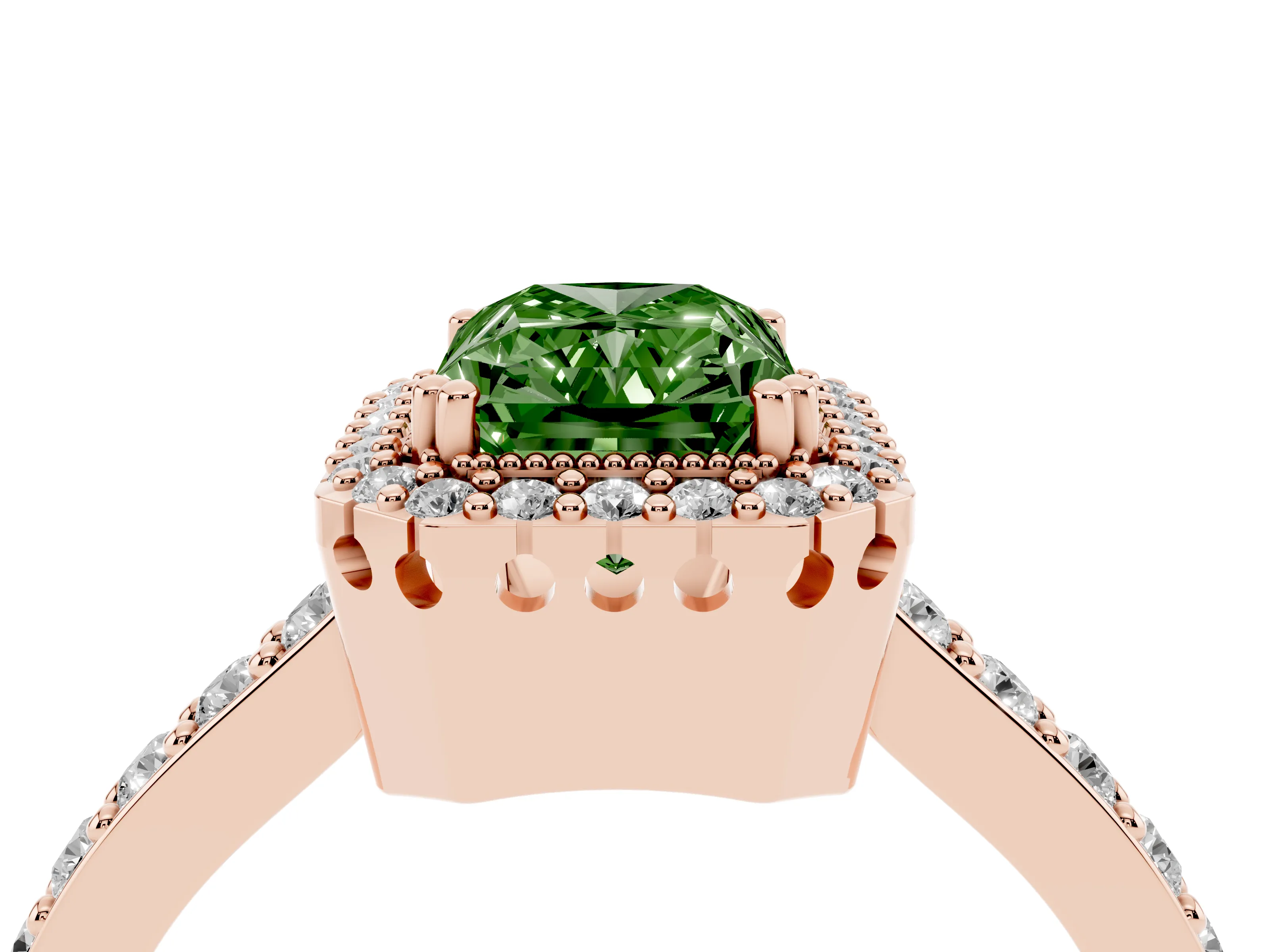 Fancy Green Radiant Cut Diamond Halo Engagement Ring Set in Rose gold with Milgrain Detail and Pavé Band