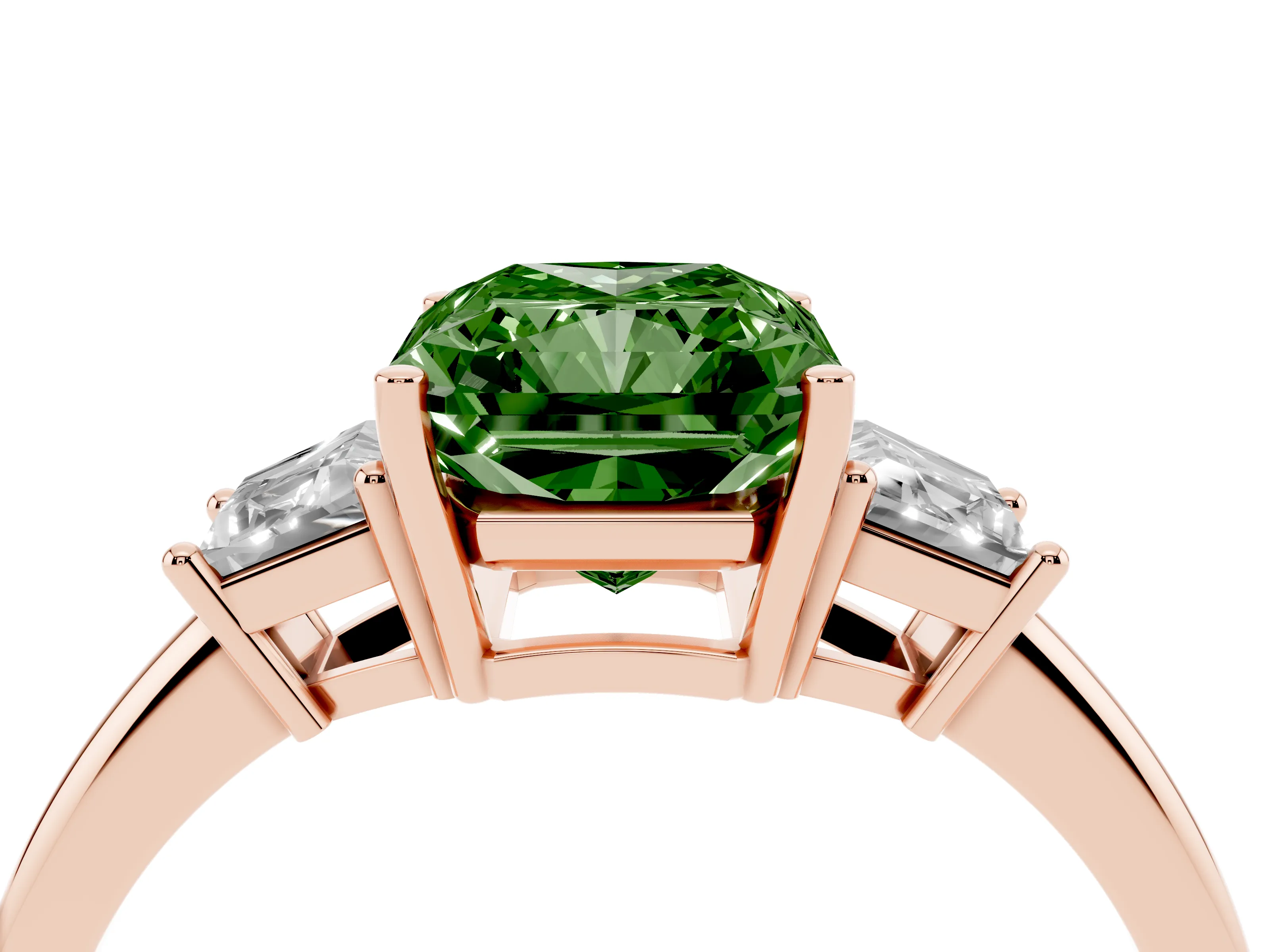 Fancy Green Radiant Cut Diamond Three-Stone Ring Set in Rose gold with Trapezoid Side Stones and Prong Setting