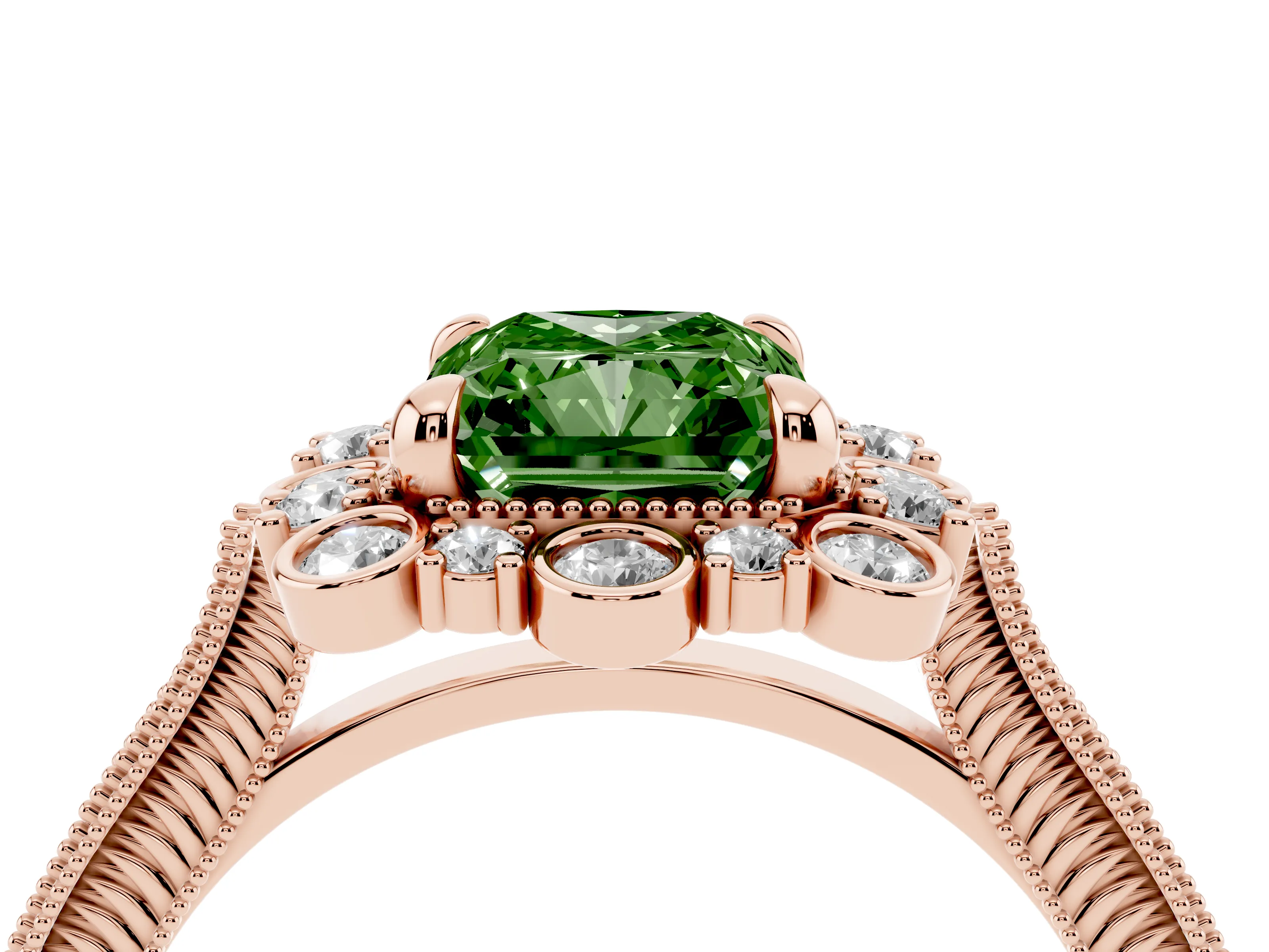 Fancy Green Radiant Cut Diamond Halo Milgrain Pavé Ring Set in Rose gold with Prong Setting