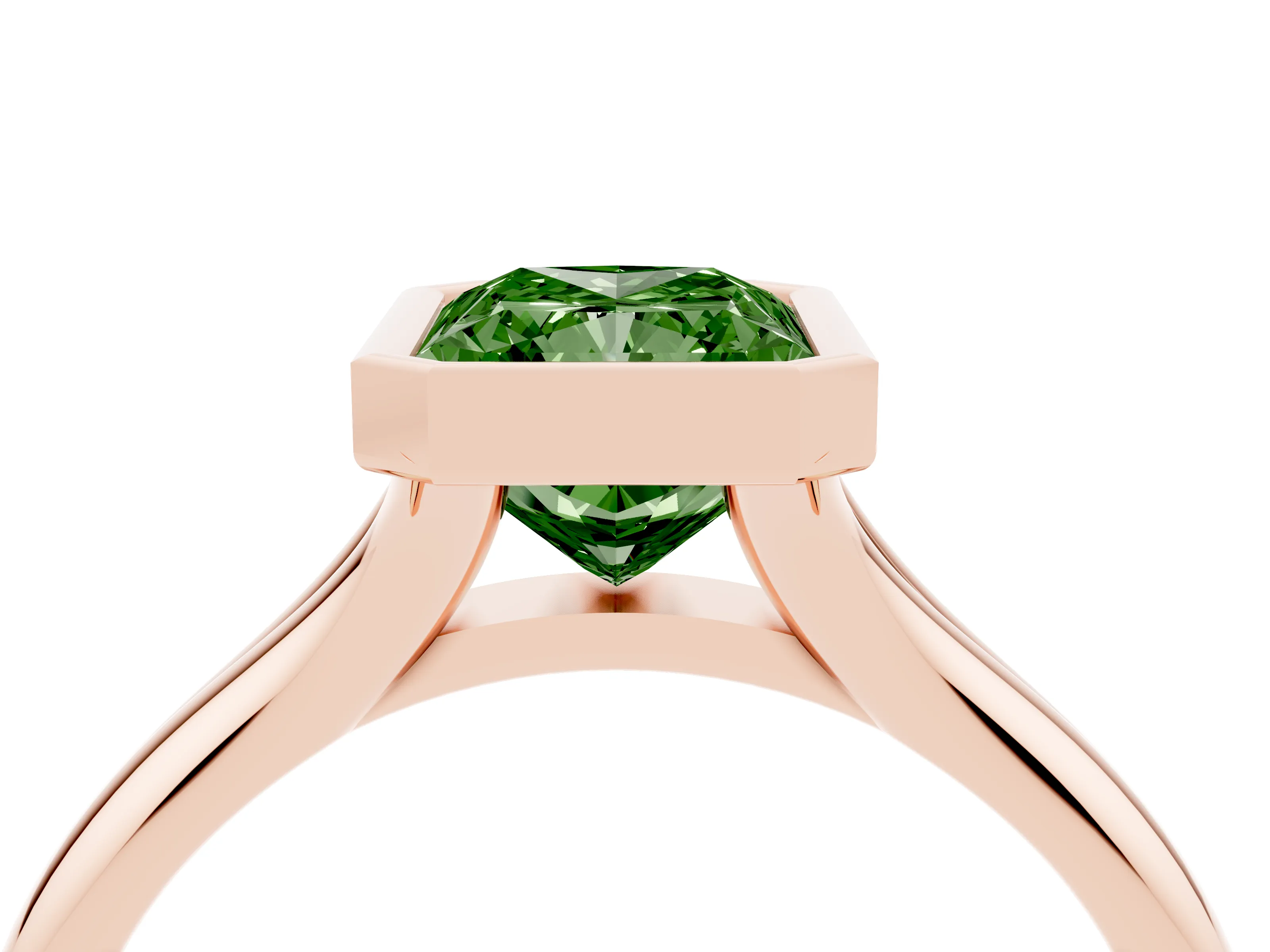 Fancy Green Bezel Set Radiant Cut Diamond Solitaire Ring Set in Rose gold with Smooth Band