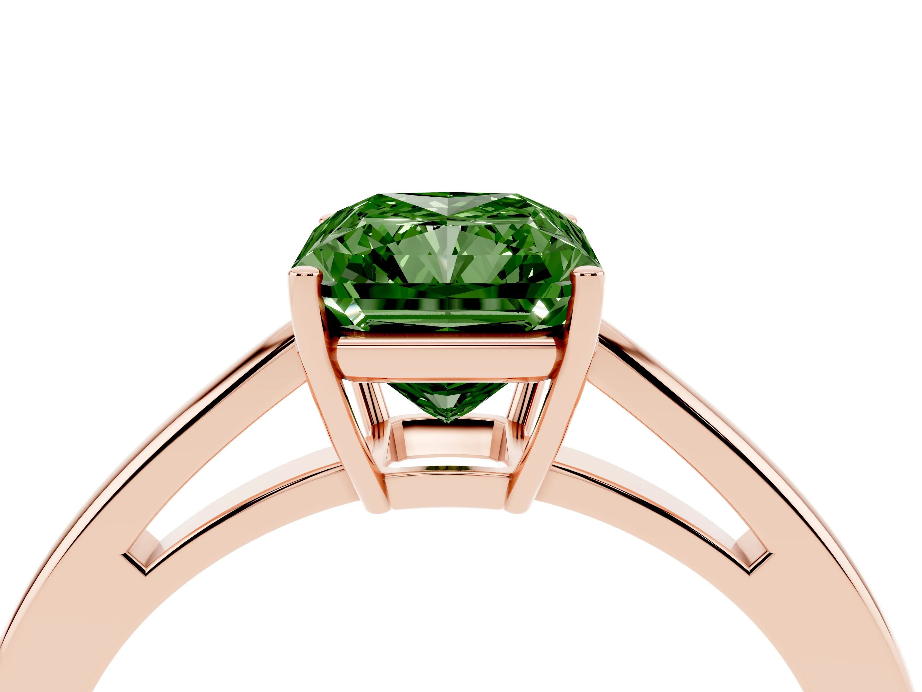 Fancy Green Radiant Cut Diamond Solitaire Ring Set in Rose gold with Split Shank and Prong Setting