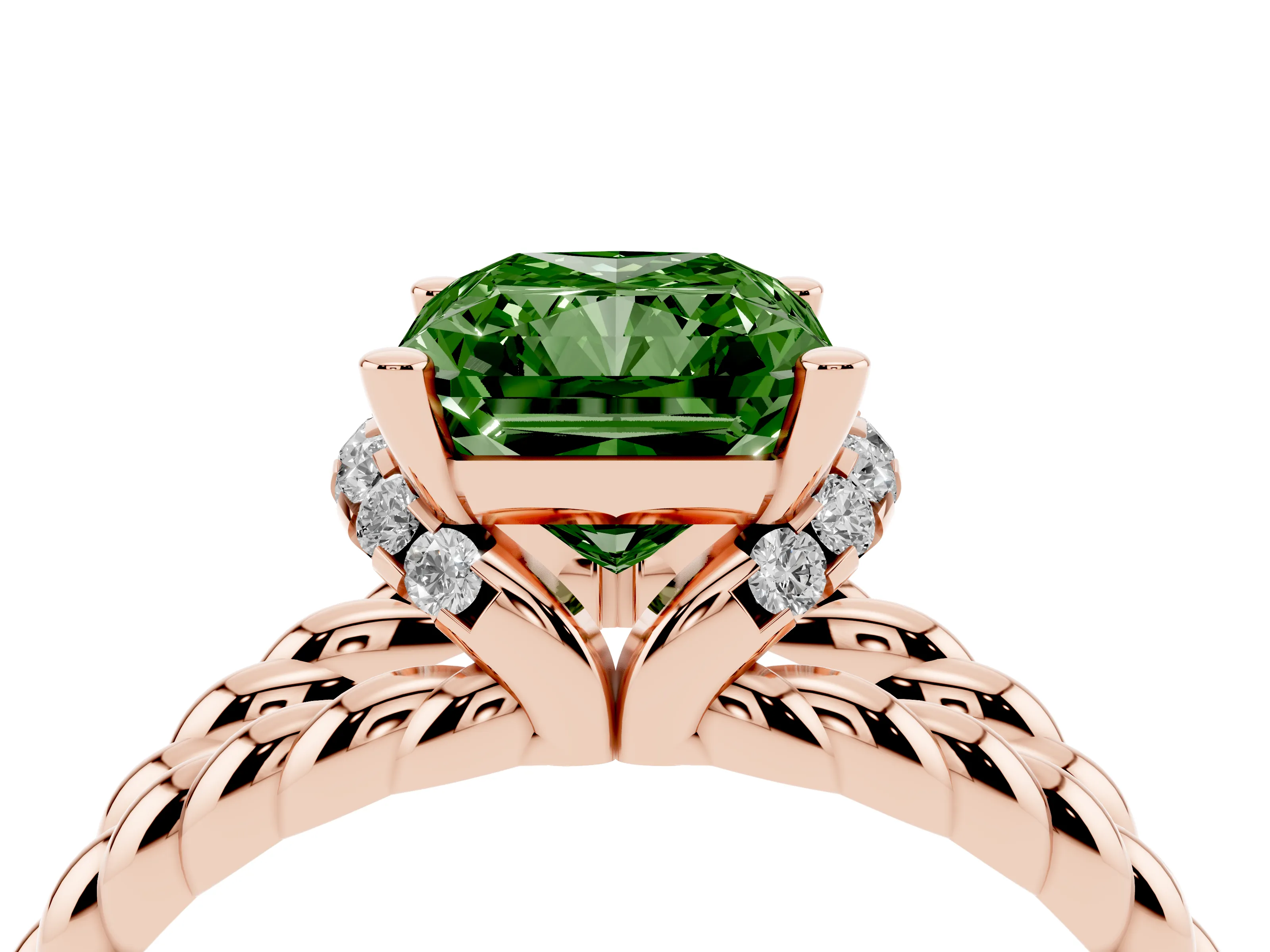 Fancy Green Radiant Cut Diamond Halo Ring Set in Rose gold with Twisted Band and Prong Setting