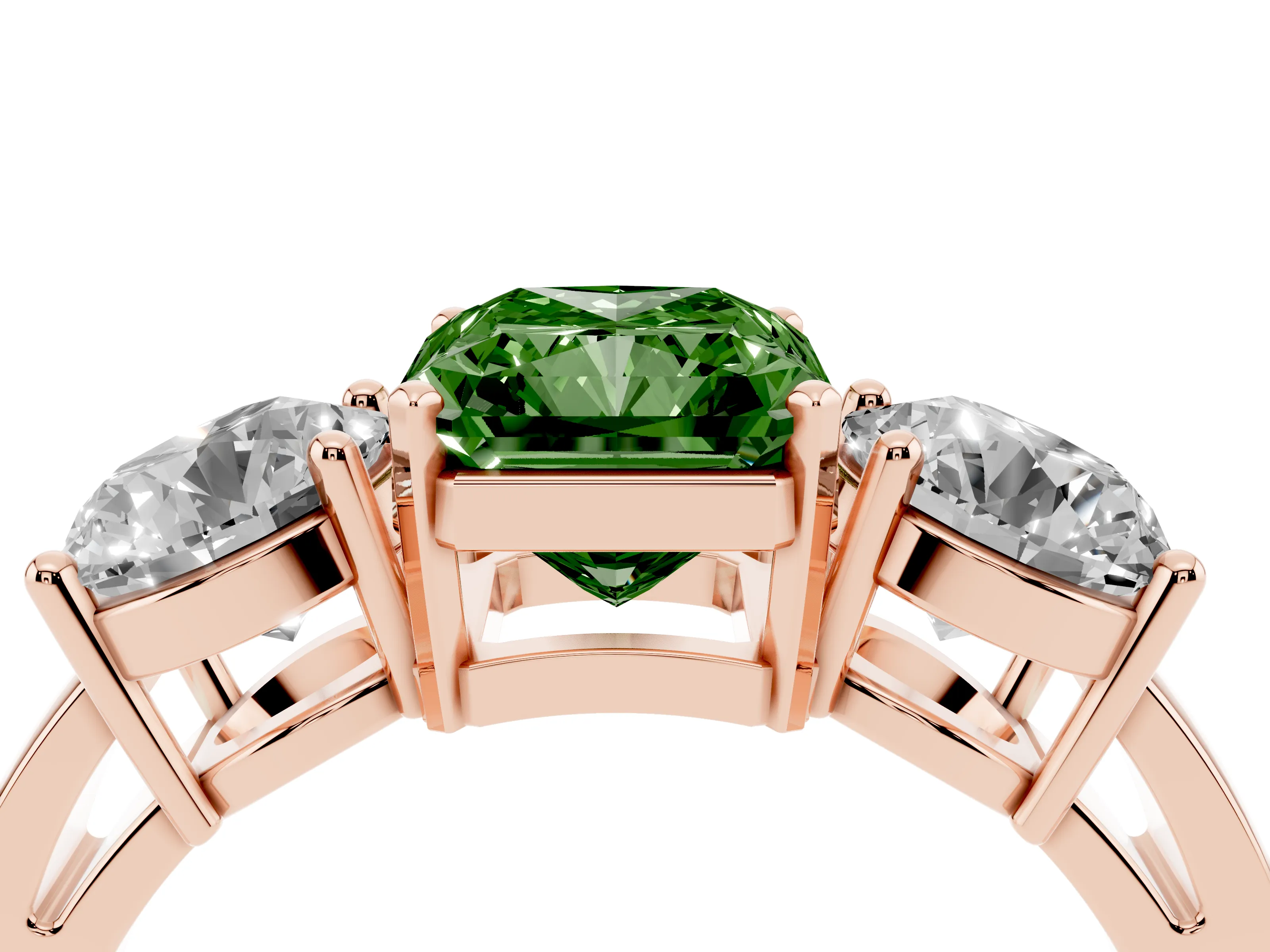 Fancy Green Radiant Cut Diamond Three-Stone Ring Set in Rose gold with Round Side Stones and Classic Band