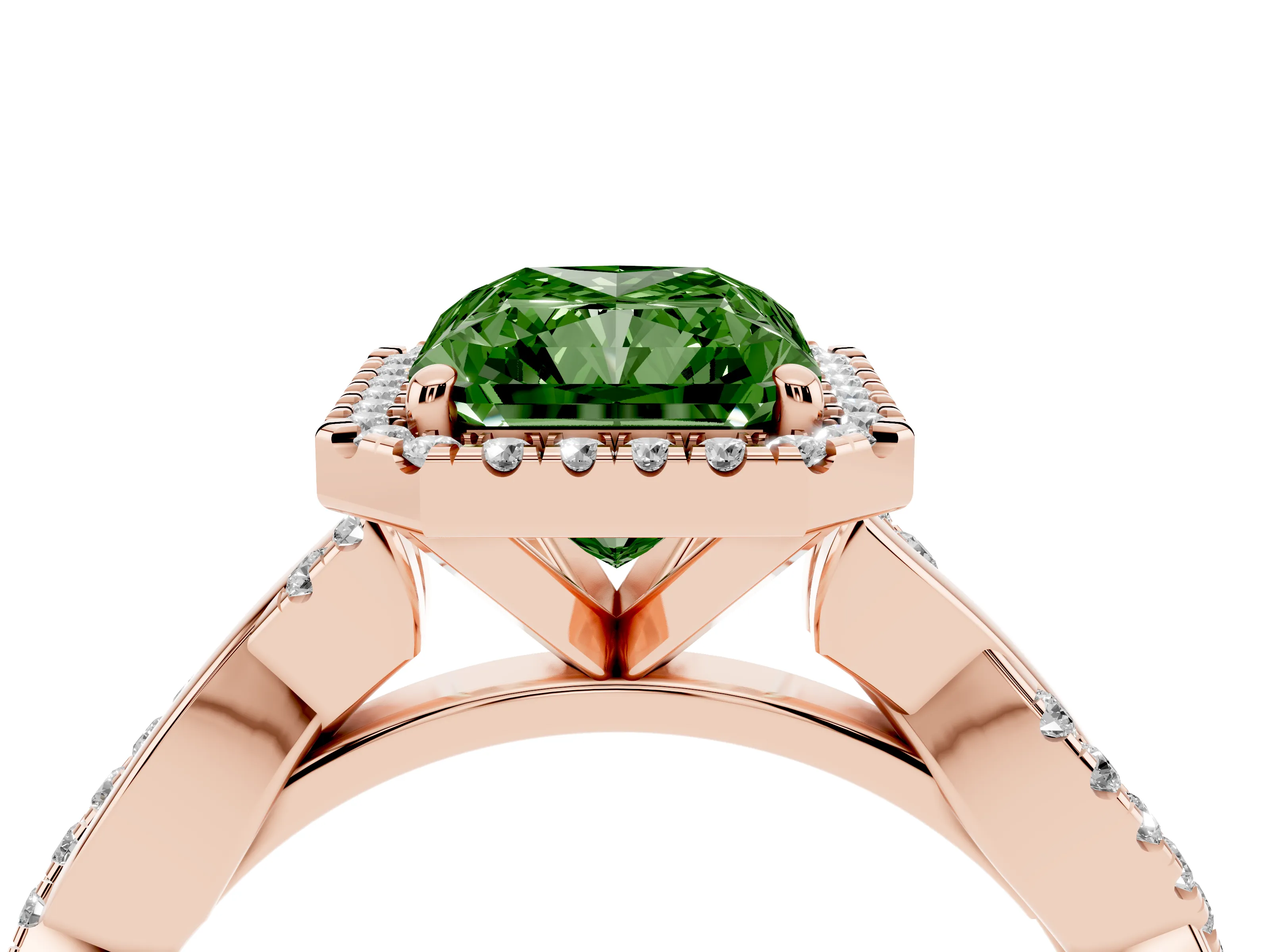 Fancy Green Radiant Cut Diamond Halo Twisted Band Ring Set in Rose gold with Prong Setting