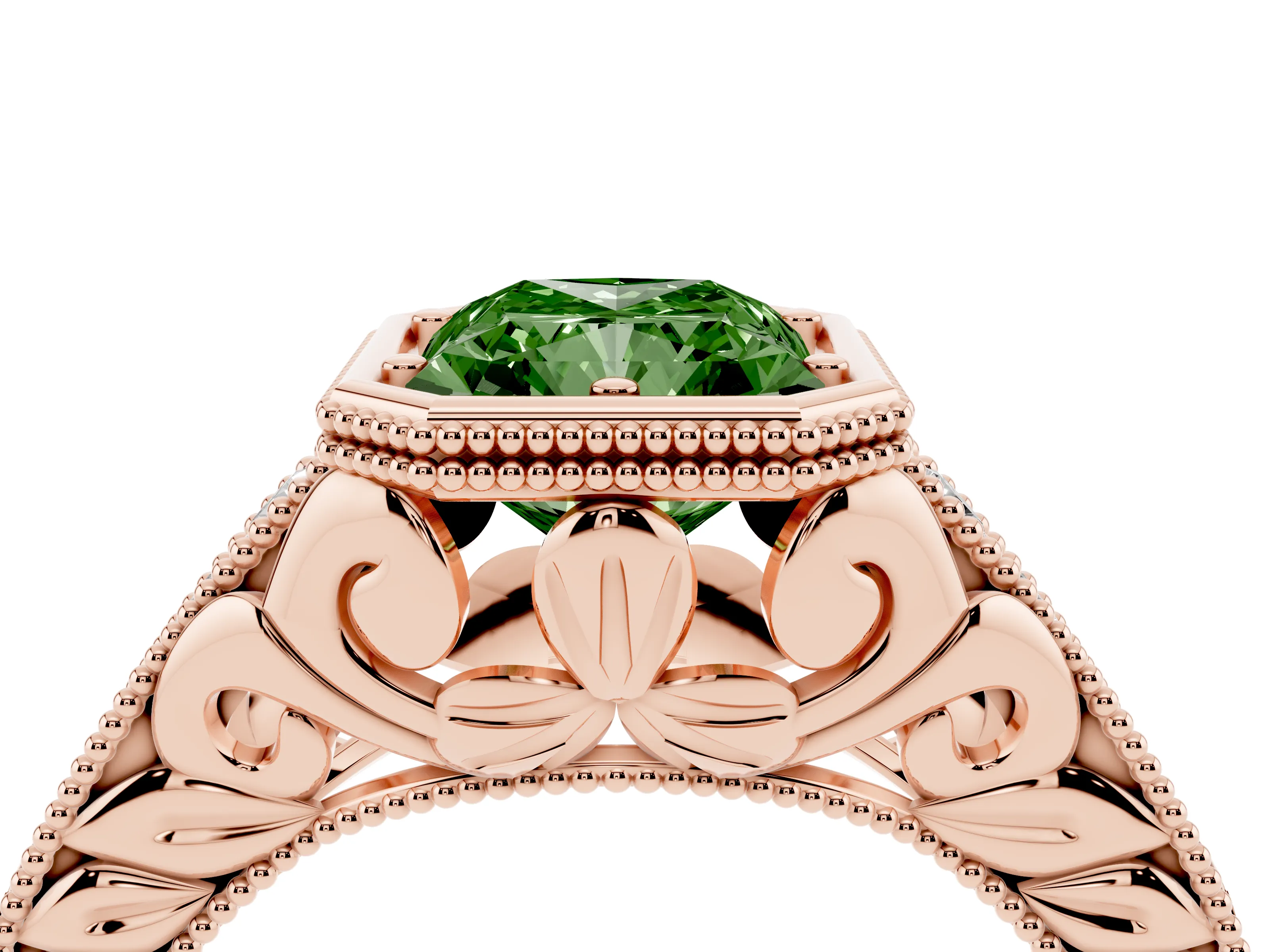 Fancy Green Bezel Set Radiant Cut Diamond Milgrain Pavé Engagement Ring Set in Rose gold