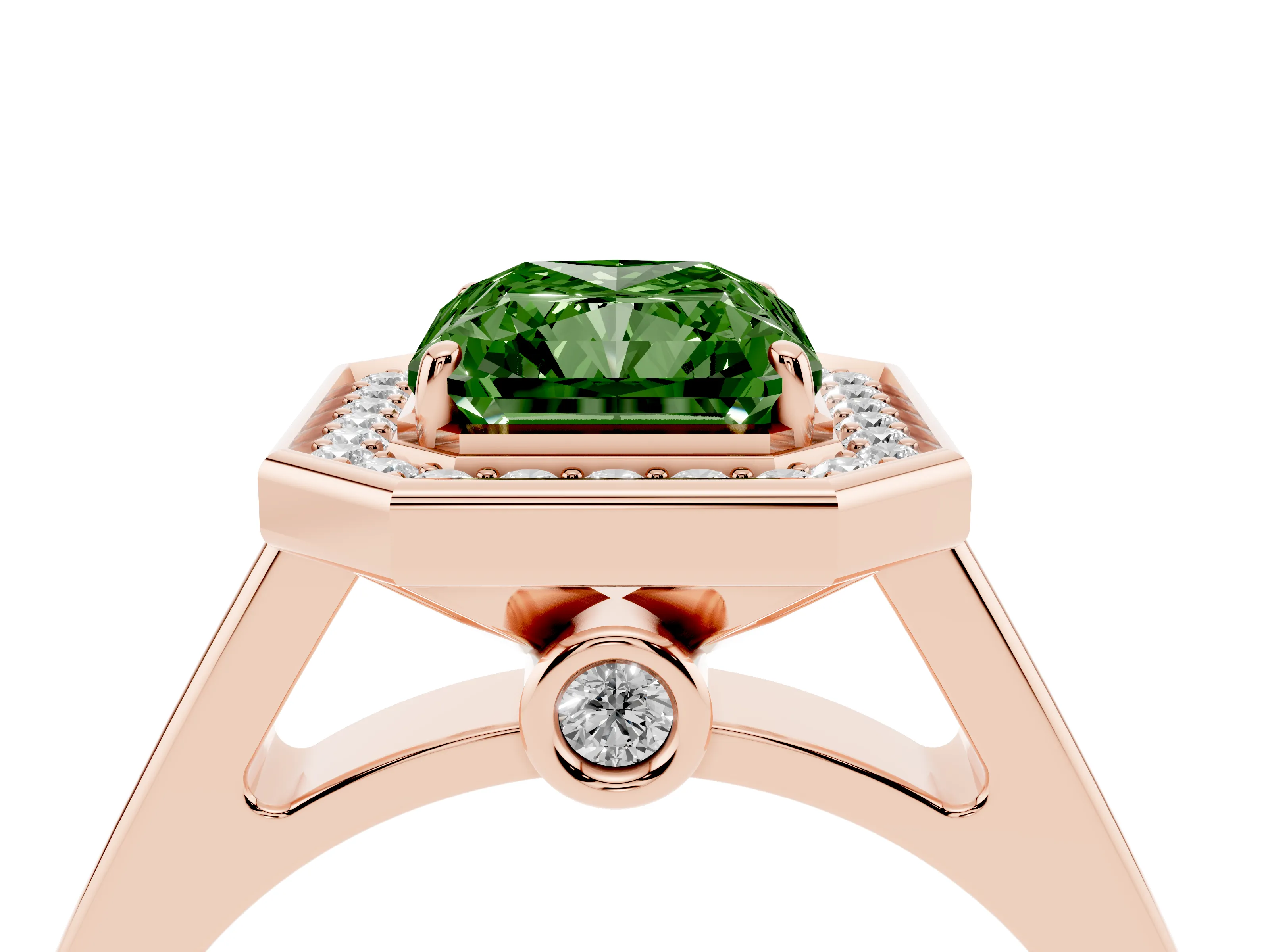 Fancy Green Radiant Cut Diamond Halo Solitaire Ring Set in Rose gold with Pavé Band and Bezel Setting