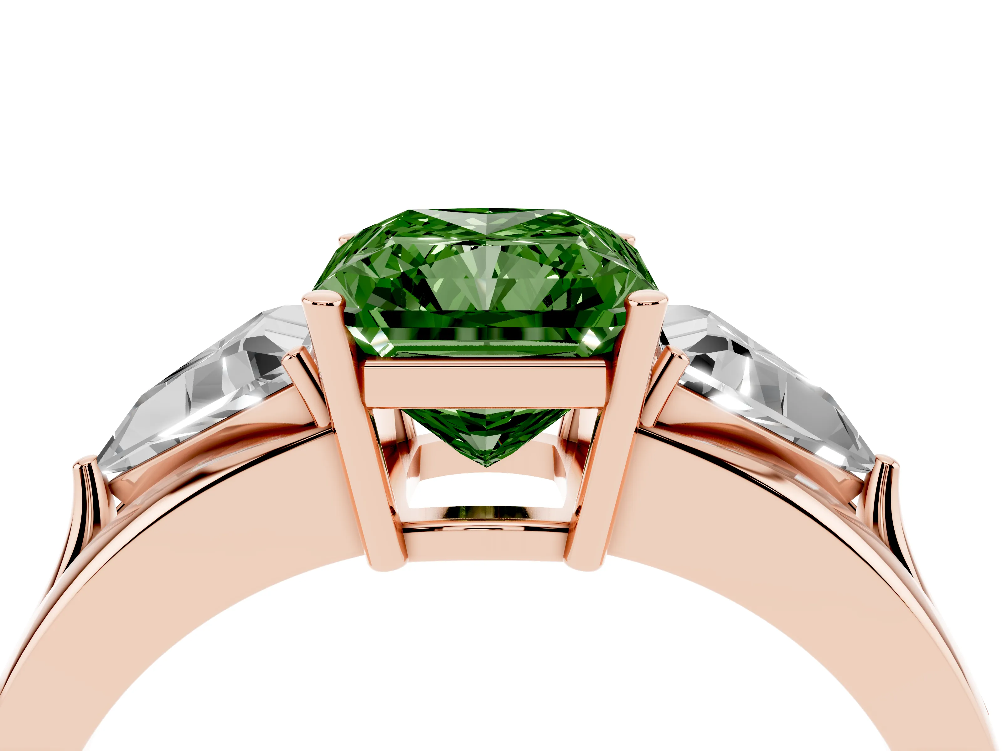 Fancy Green Radiant Cut Diamond Three-Stone Ring Set in Rose gold with Trillion Side Stones and Split Shank