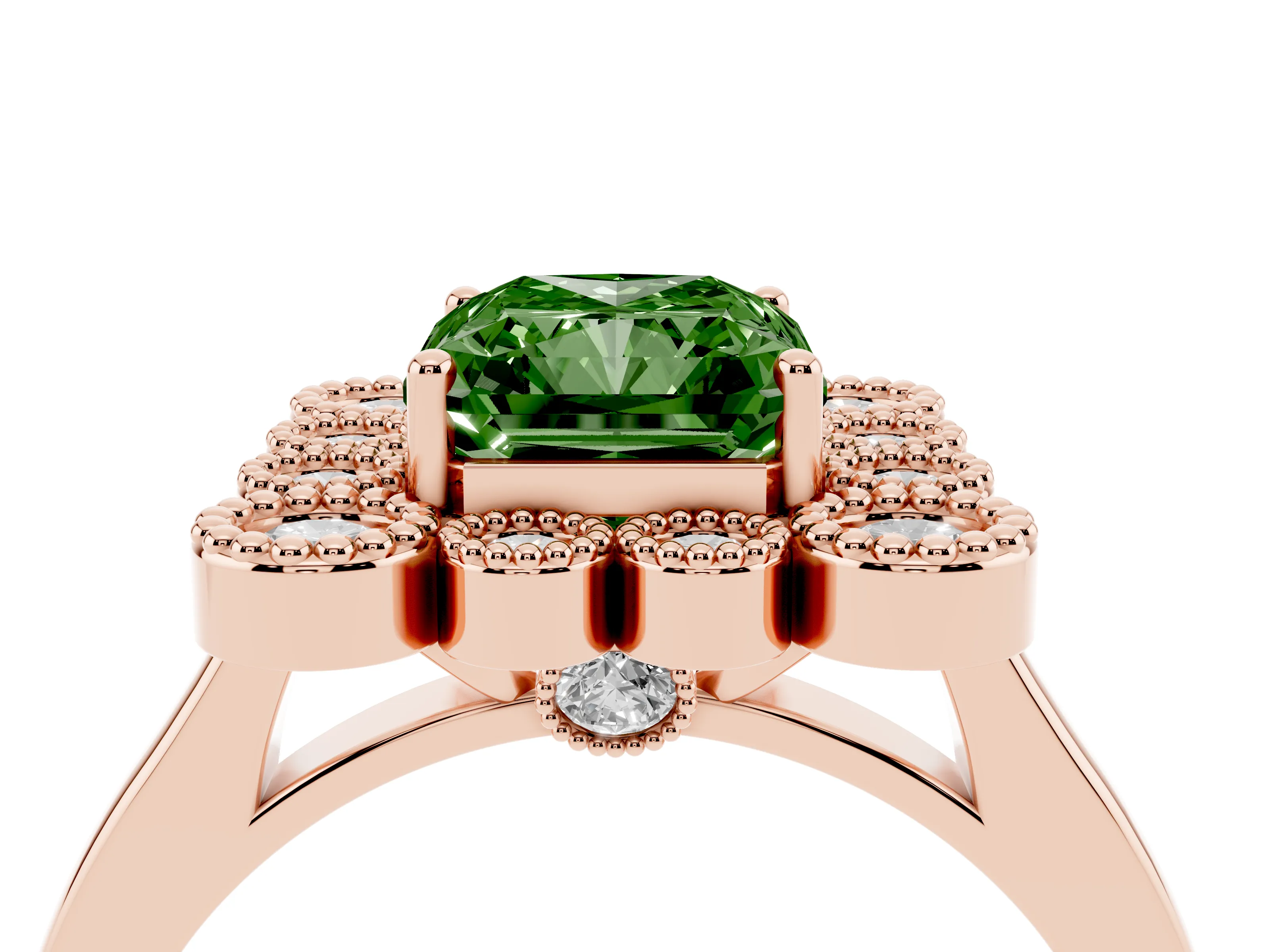 Fancy Green Radiant Cut Diamond Cluster Halo Ring Set in Rose gold with Milgrain Bezel Accents and Plain Band
