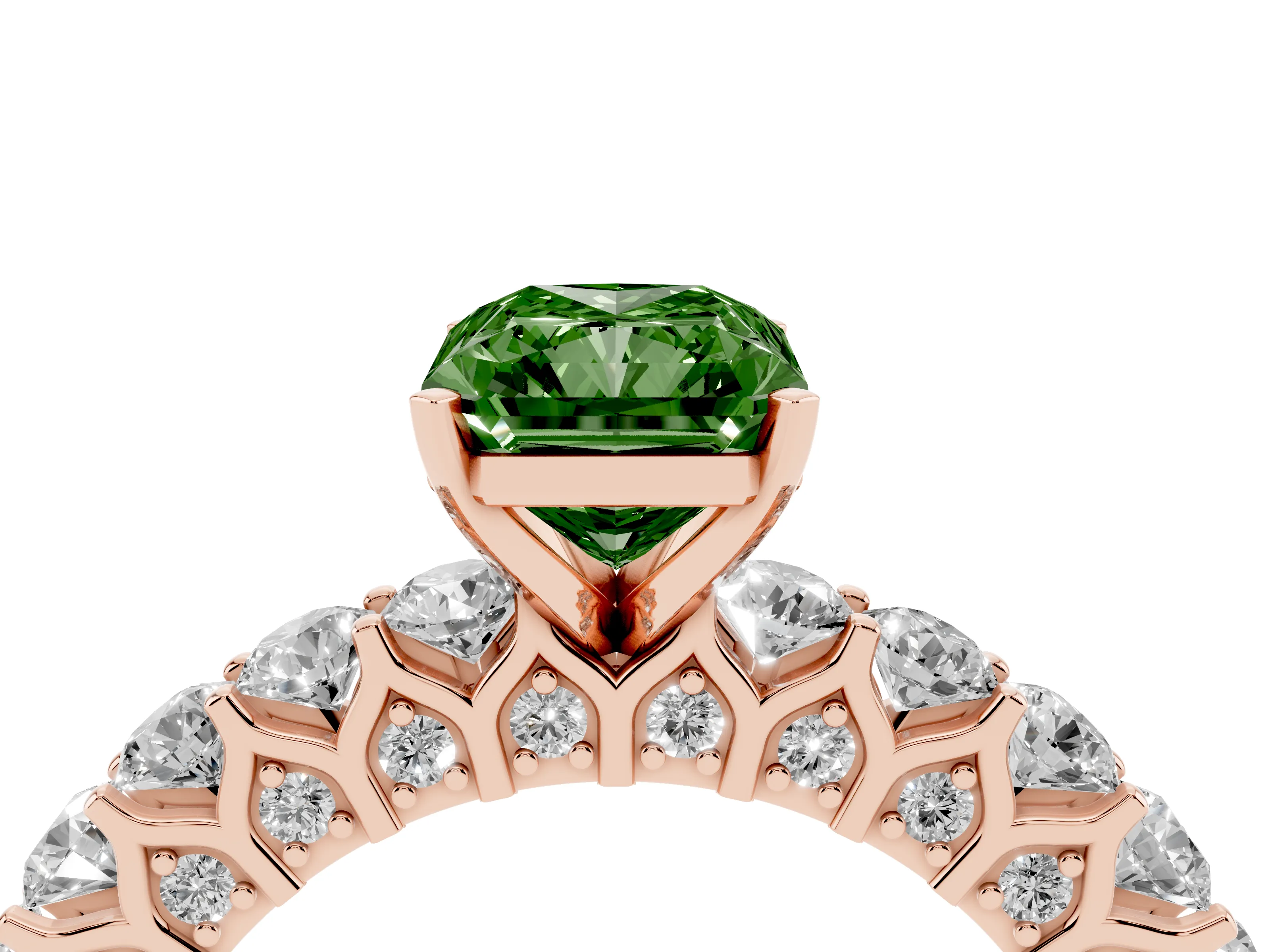 Fancy Green Radiant Cut Diamond Solitaire Ring Set in Rose gold with Shared Prong Pavé Band