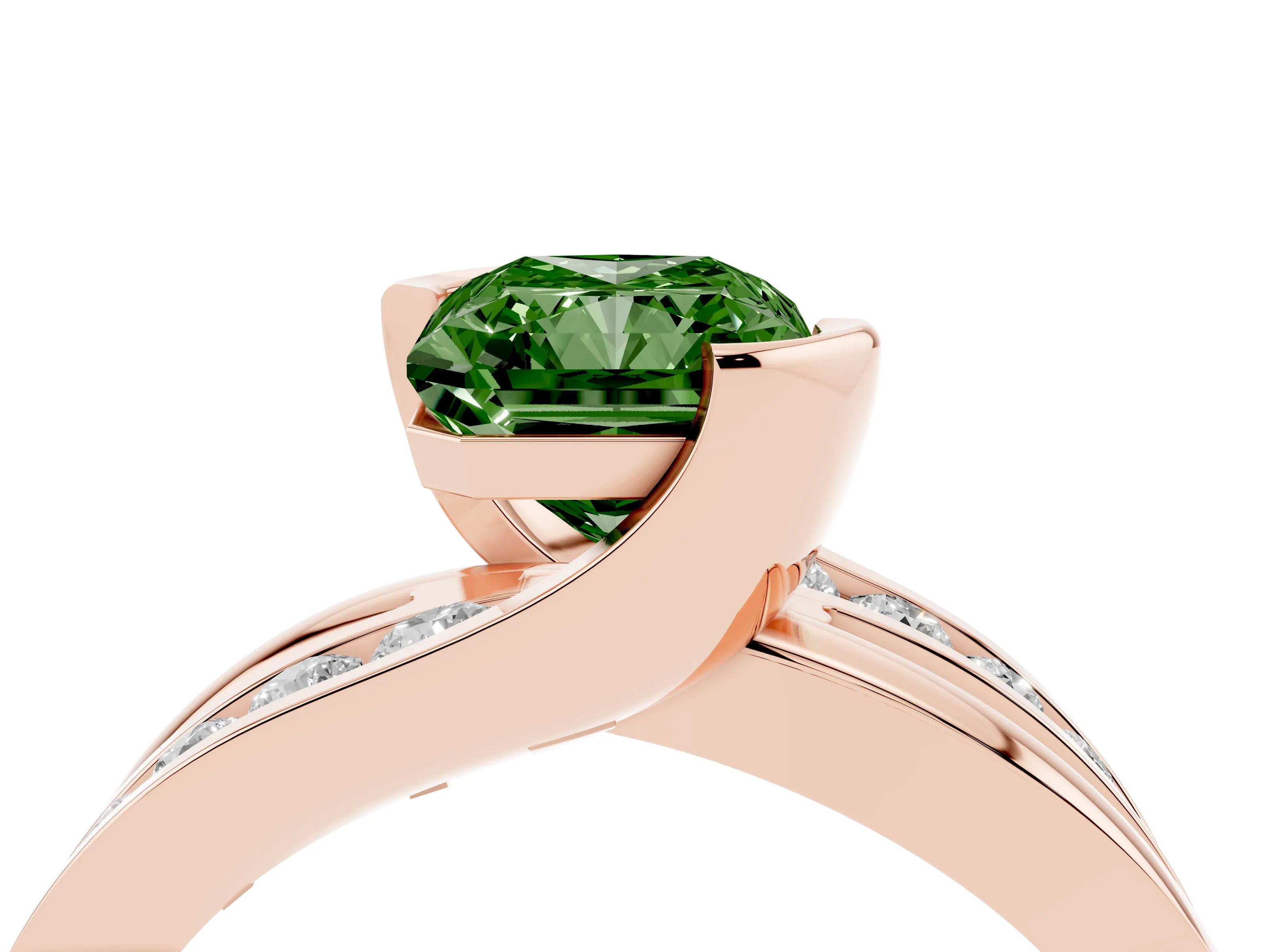 Fancy Green Radiant Cut Diamond Solitaire Ring Set in Rose gold with Channel Set Split Shank and Tension Prongs