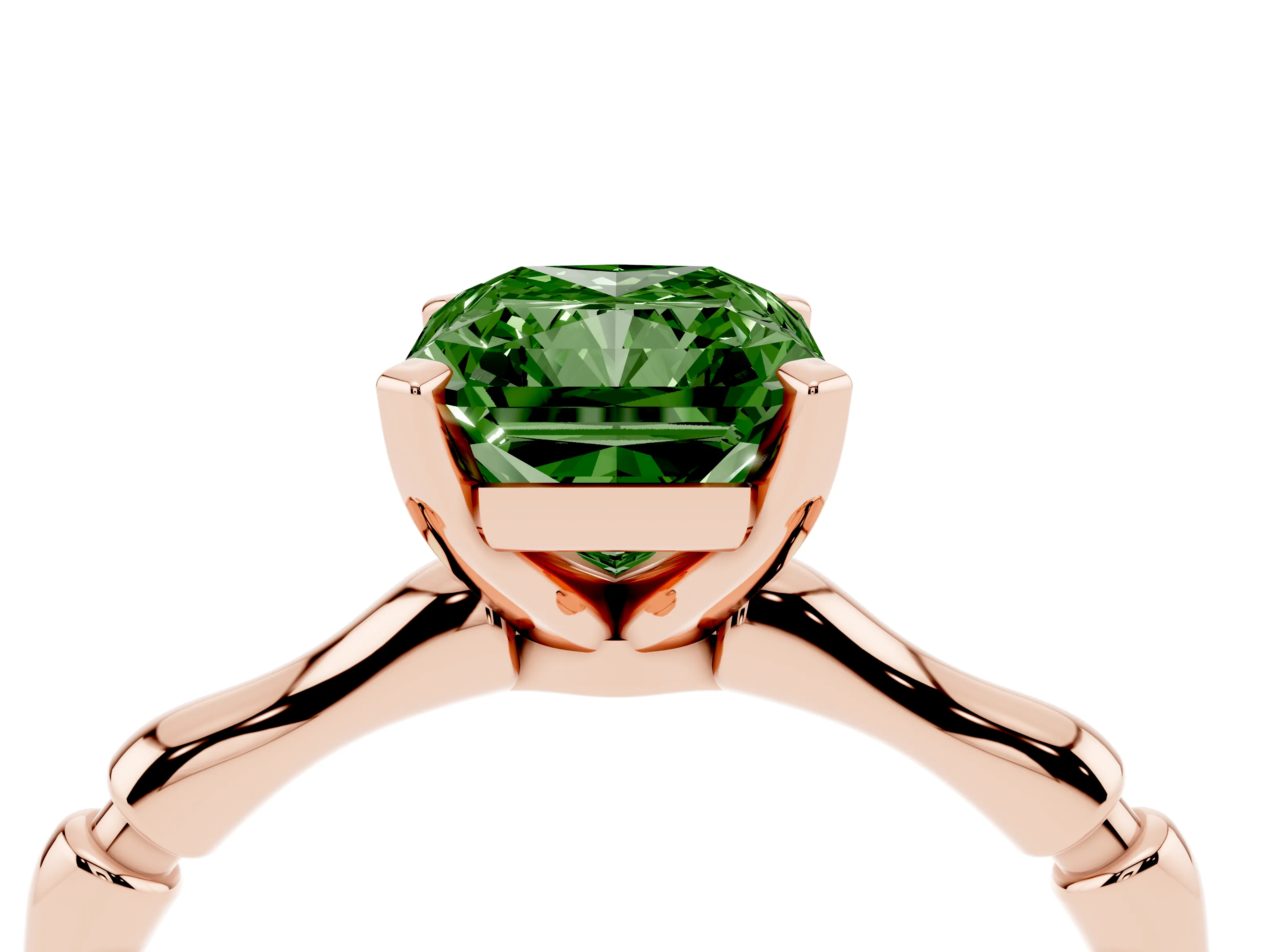 Fancy Green Radiant Cut Diamond Solitaire Ring Set in Rose gold with Bamboo Band and Prong Setting