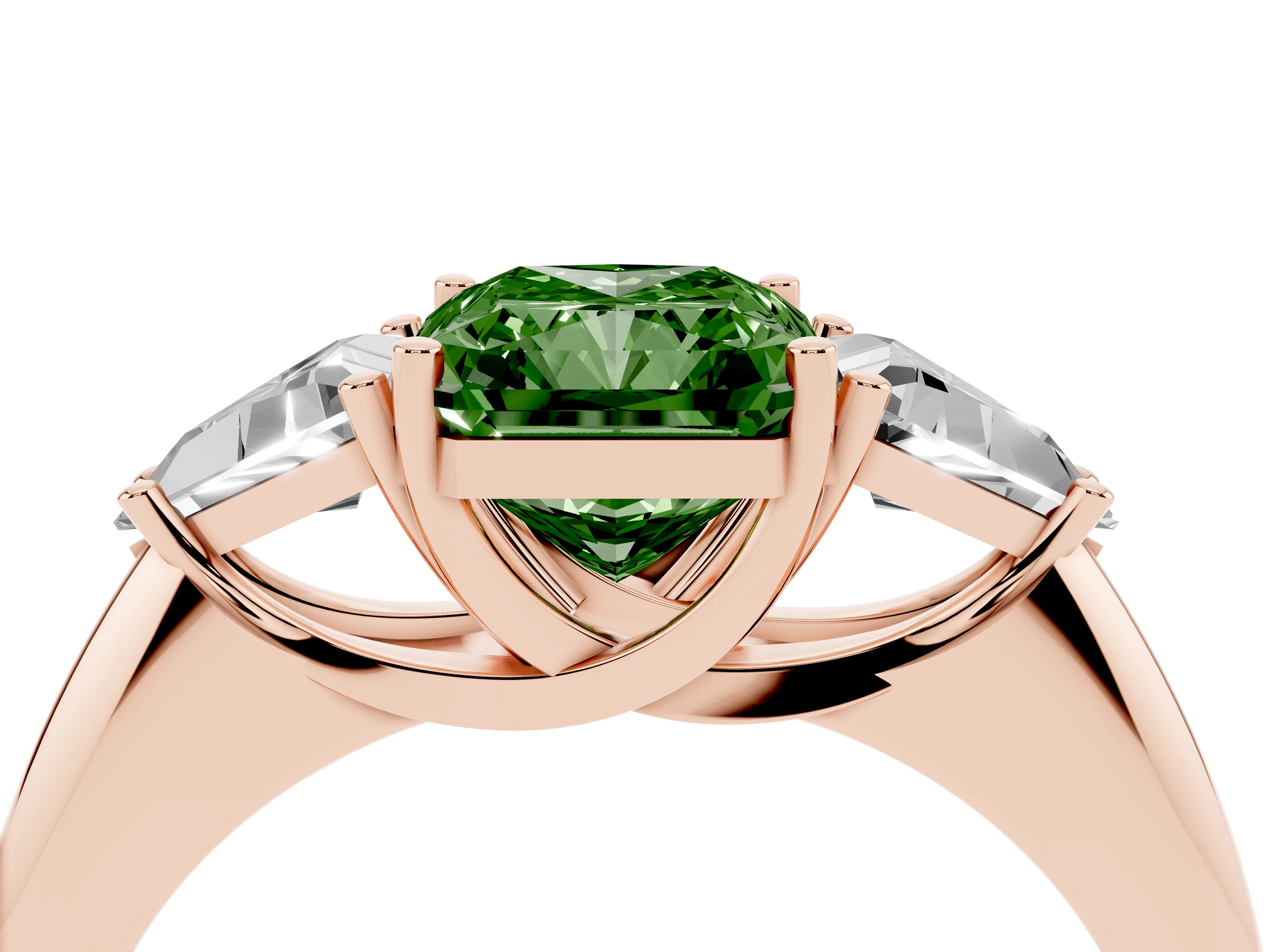 Fancy Green Radiant Cut Diamond Three-Stone Engagement Ring Set in Rose gold with Trillion Side Stones