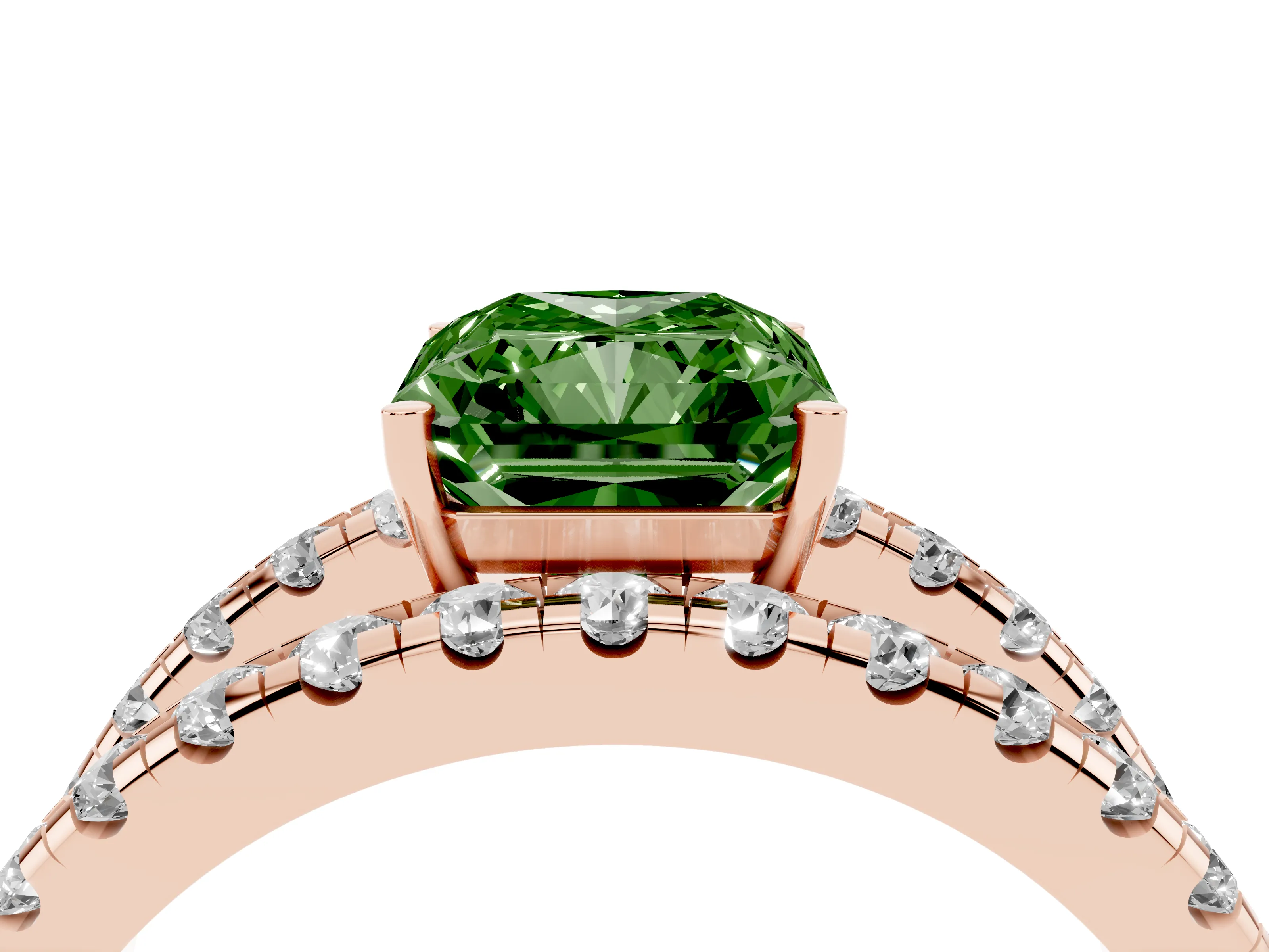 Fancy Green Radiant Cut Diamond Split Shank Pavé Solitaire Ring Set in Rose gold with Open Shank Design