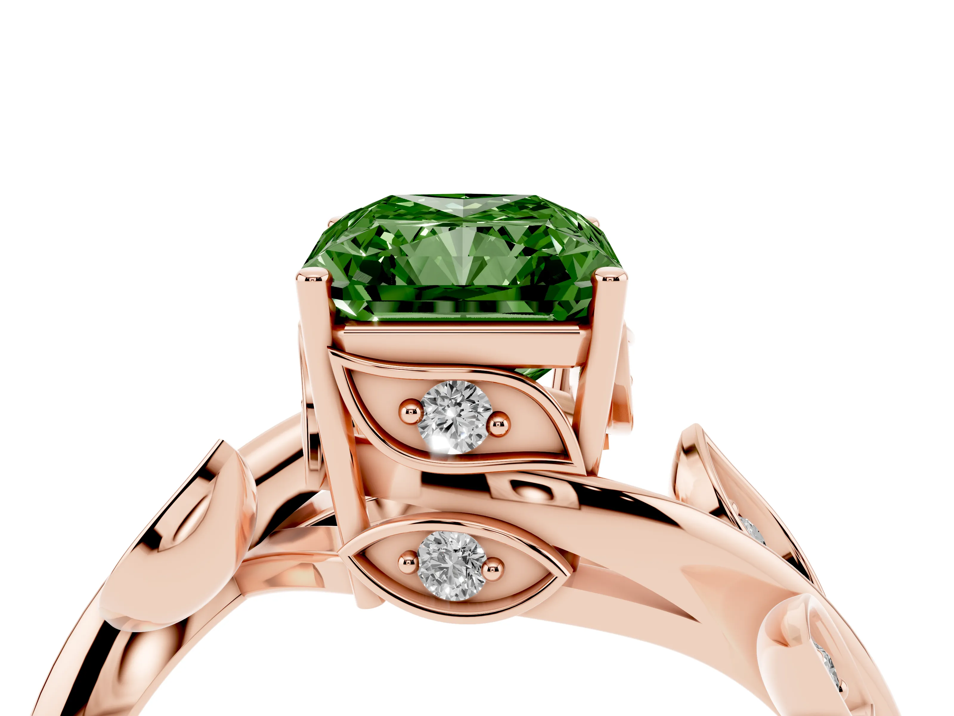 Fancy Green Radiant Cut Diamond Solitaire Twist Engagement Ring Set in Rose gold with Pavé Leaf Accents