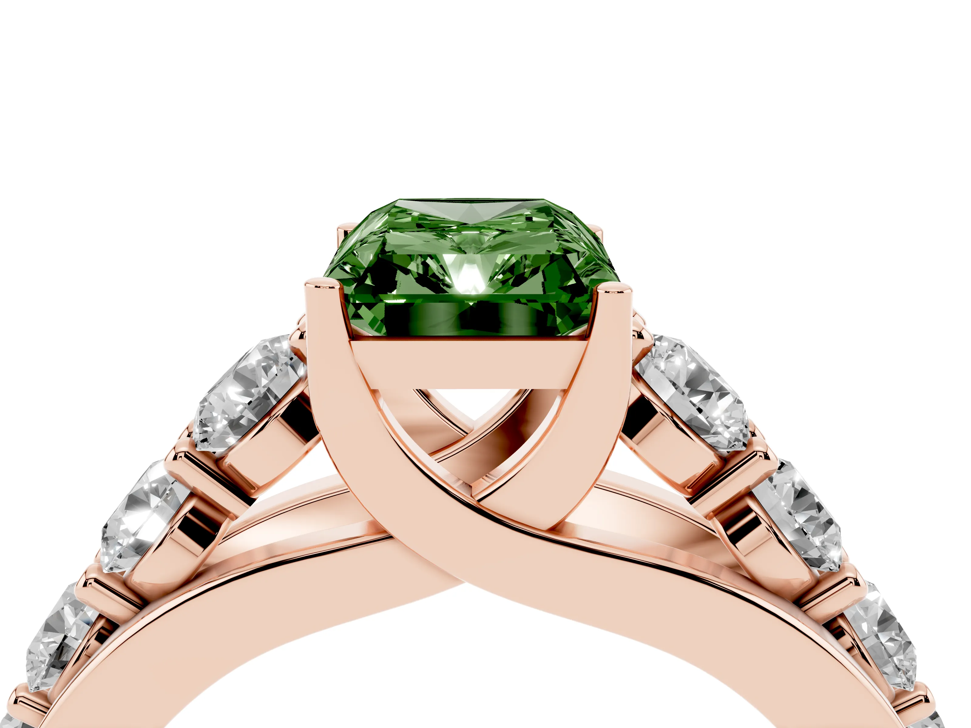 Fancy Green Radiant Cut Diamond Pavé Engagement Ring Set in Rose gold with Prong Setting