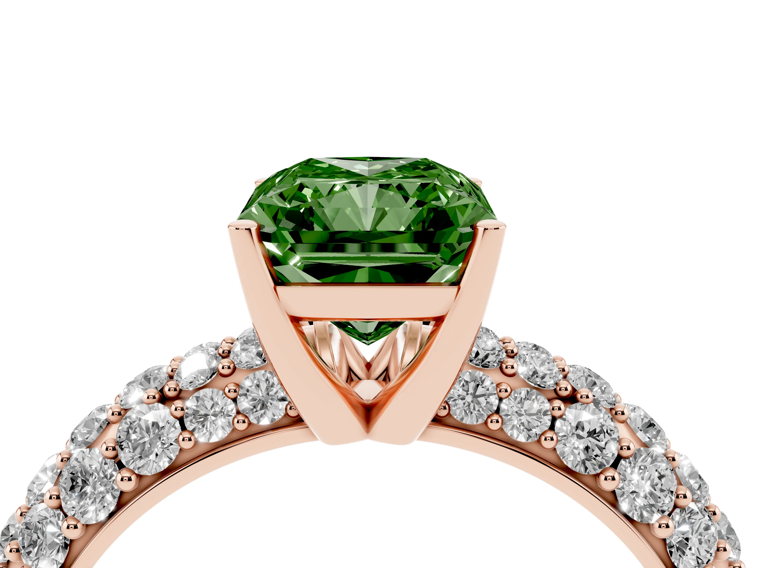 Fancy Green Radiant Cut Diamond Pavé Band Solitaire Ring Set in Rose gold with Close-Set Accent Stones and Prong Setting
