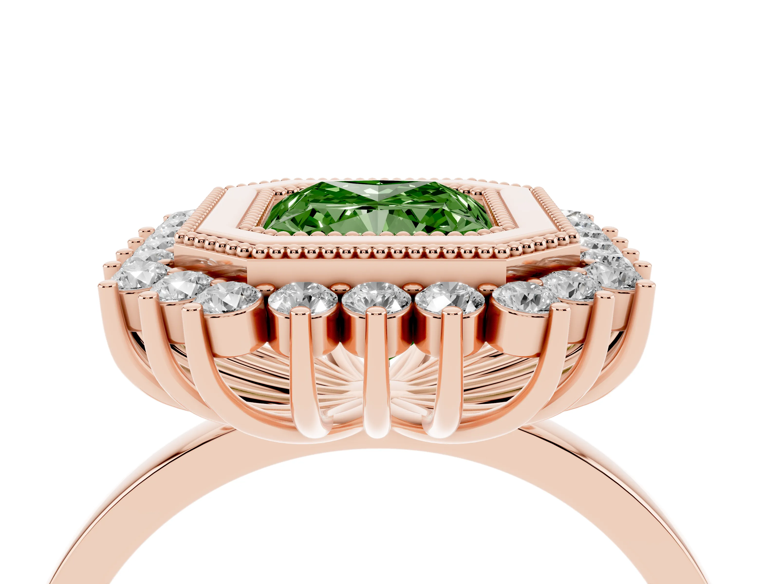 Fancy Green Radiant Cut Diamond Halo Ring Set in Rose gold with Milgrain Edge and Round Prong Setting