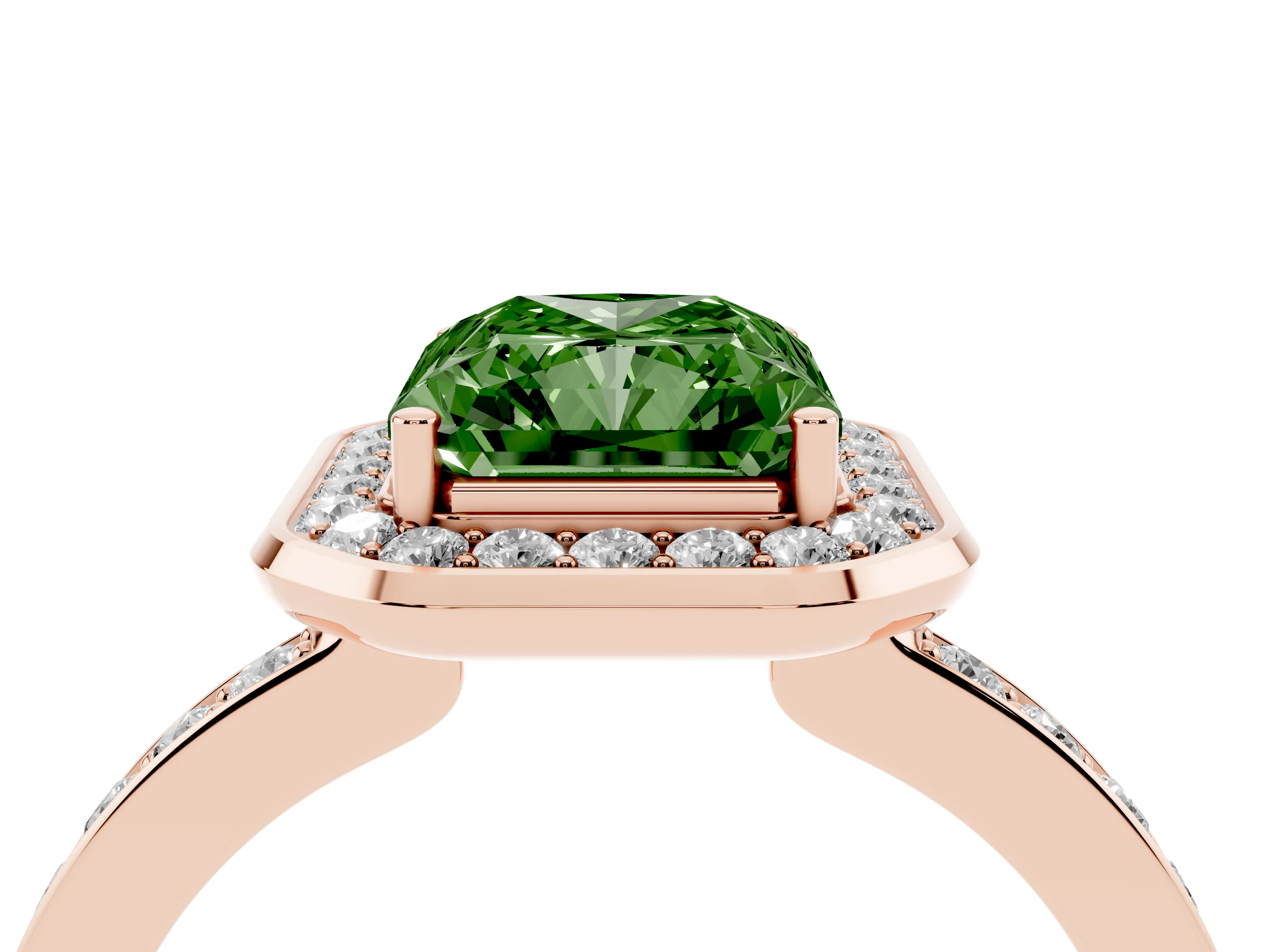 Fancy Green Radiant Cut Diamond Halo Ring Set in Rose gold with Bezel Frame and Pavé Band