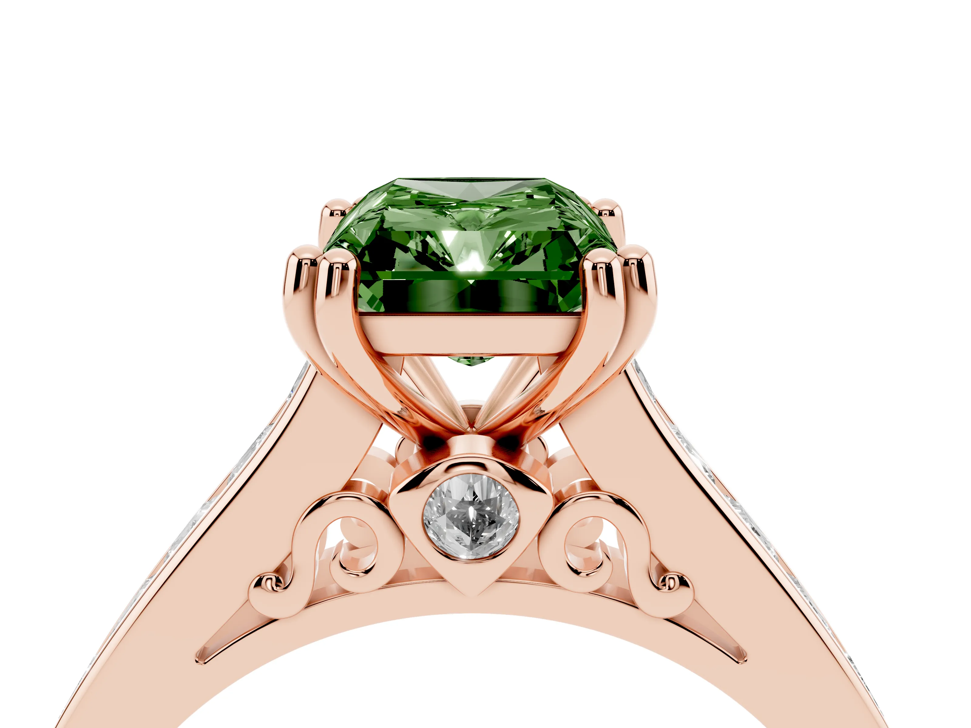 Fancy Green Radiant Cut Diamond Channel Set Solitaire Engagement Ring Set in Rose gold with Prong Setting