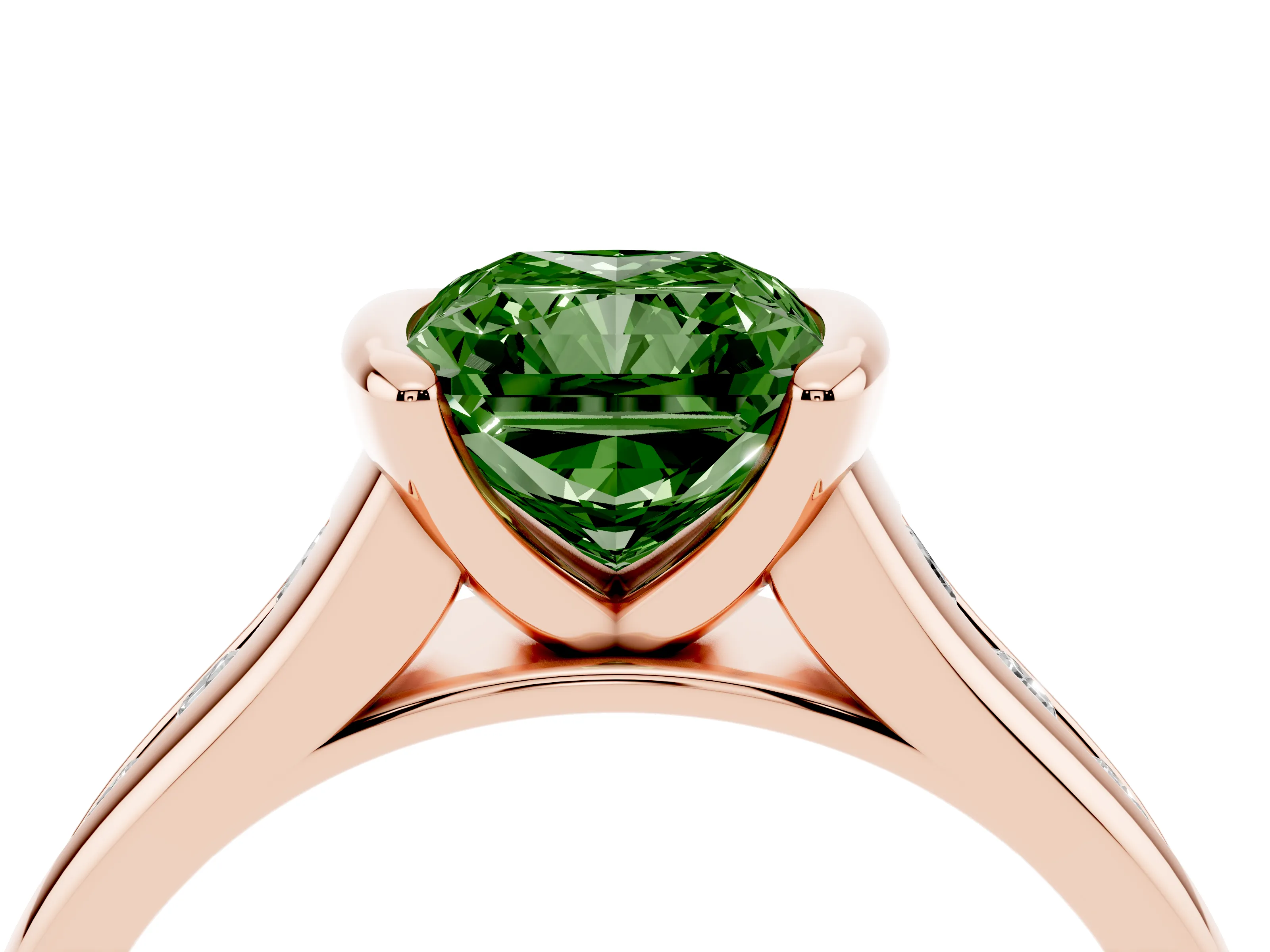 Fancy Green Radiant Cut Diamond Bezel-Set Solitaire Ring Set in Rose gold with Channel-Set Band