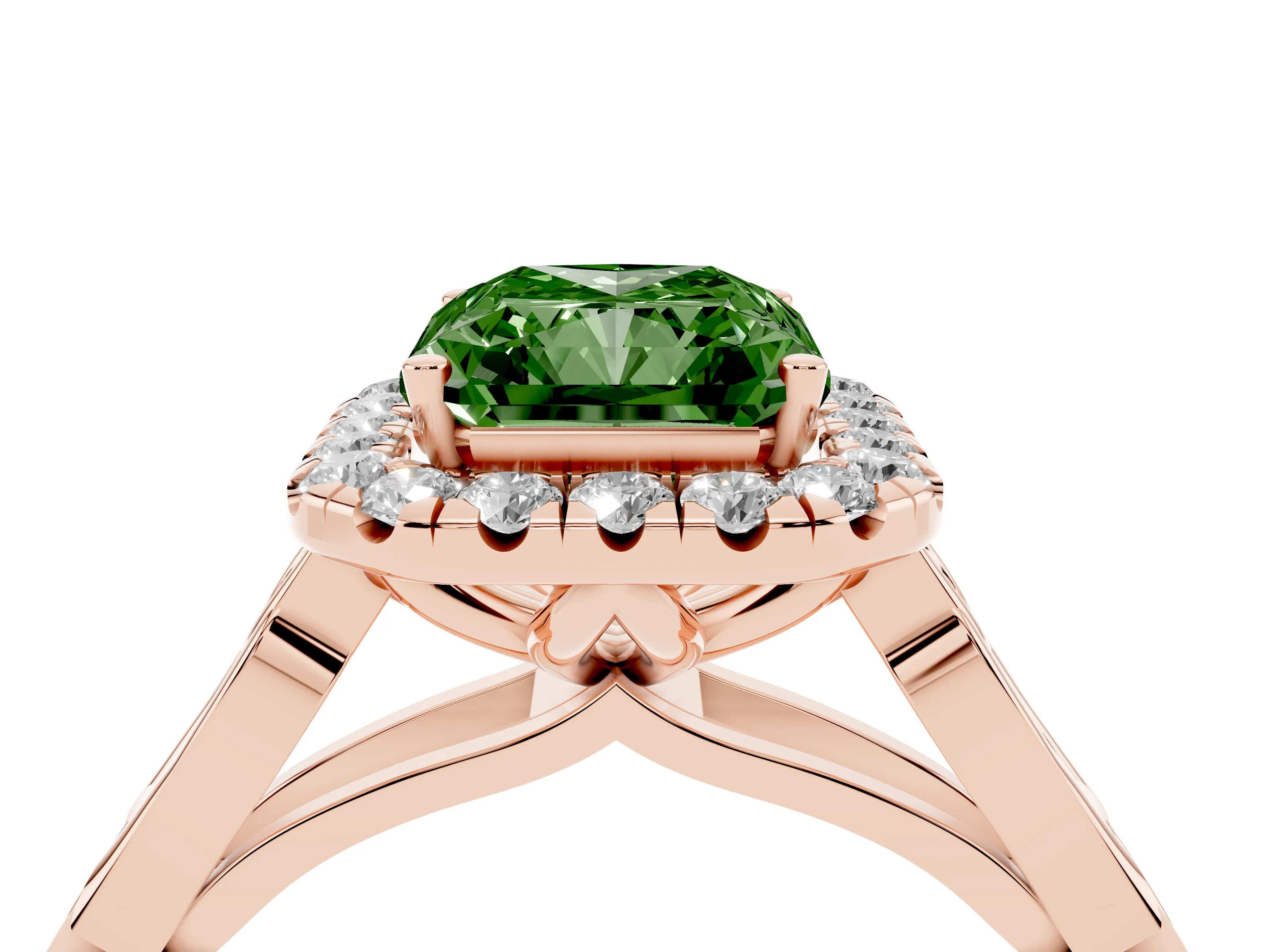 Fancy Green Radiant Cut Diamond Halo Engagement Ring Set in Rose gold with Filigree Band and Prong-Set Center