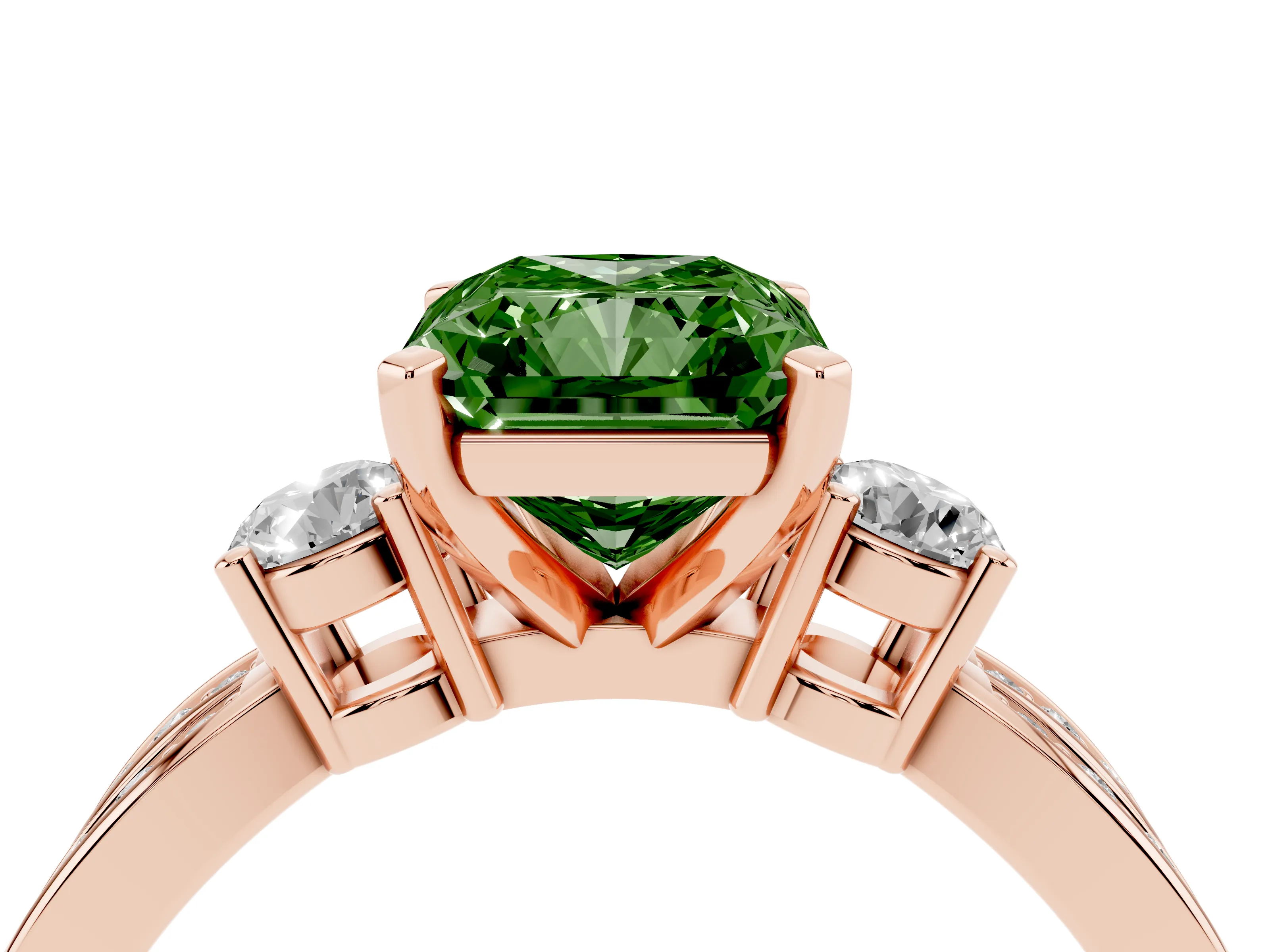 Fancy Green Three-Stone Radiant Cut Diamond Twist Band Ring Set in Rose gold with Pavé Accents and Prong Setting