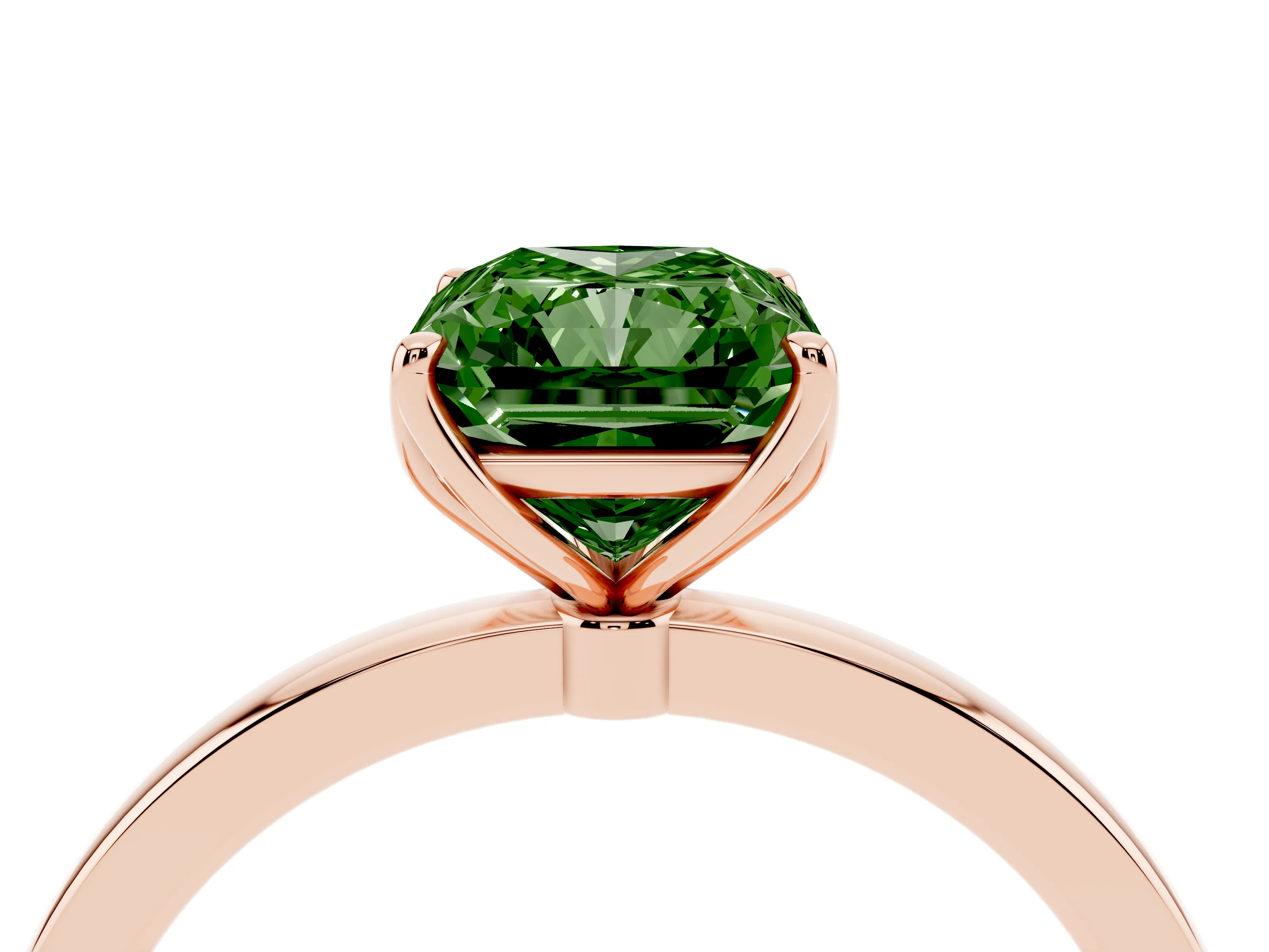 Fancy Green Radiant Cut Diamond Solitaire Ring Set in Rose gold with Prong Setting and Thin Polished Band