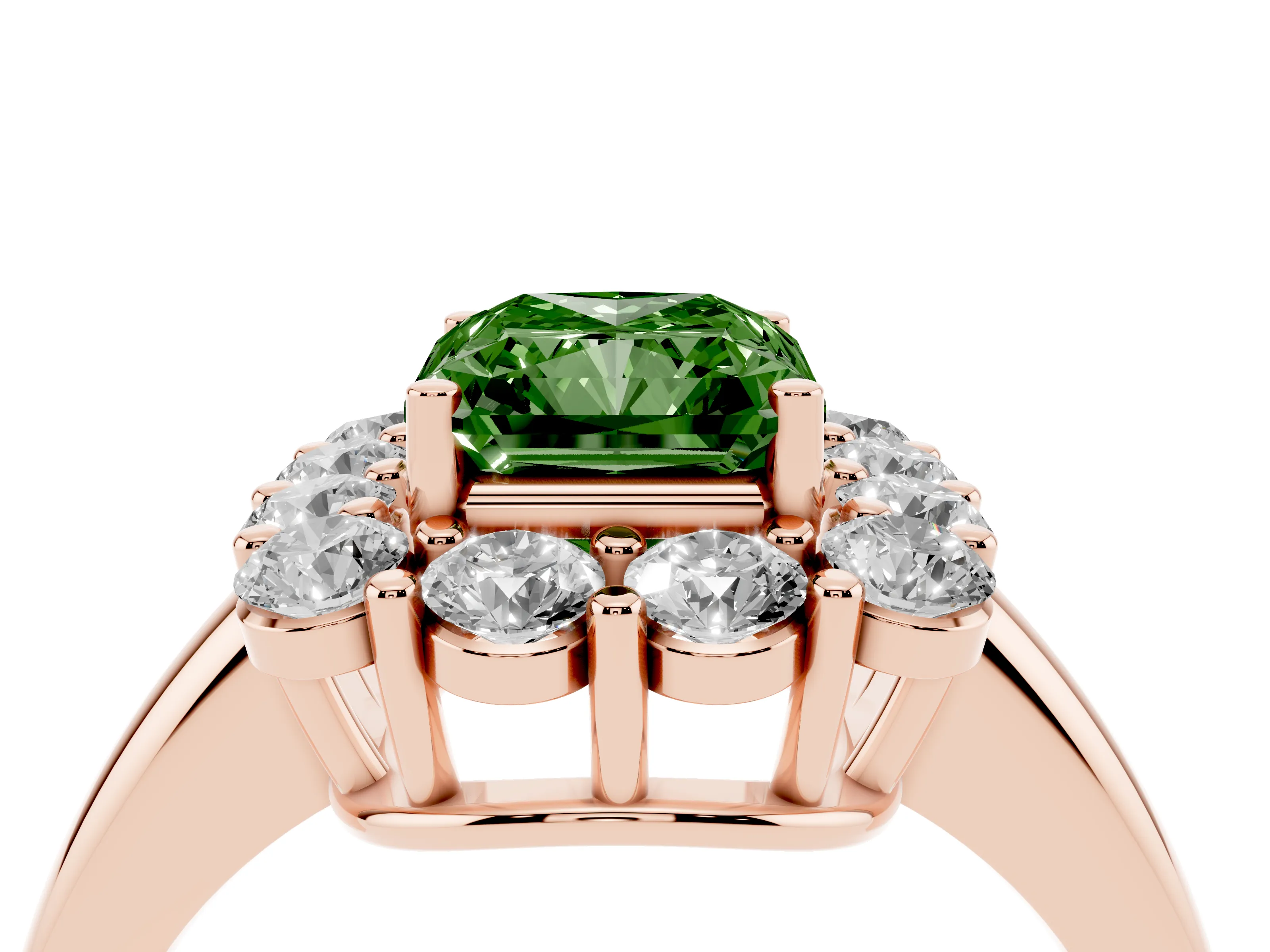 Fancy Green Radiant Cut Diamond Halo Cluster Engagement Ring Set in Rose gold with Polished Band and Prong Setting