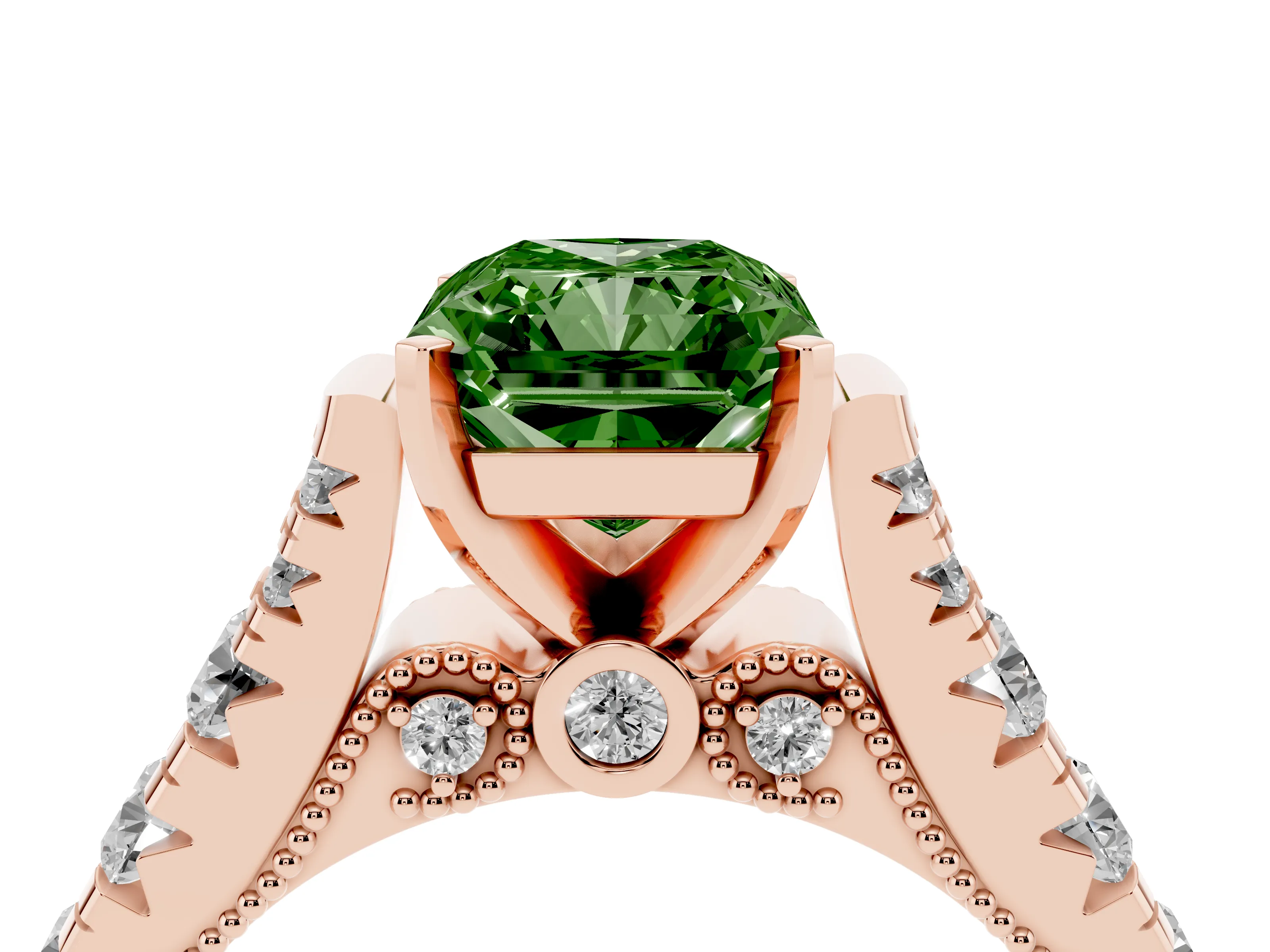 Fancy Green Radiant Cut Diamond Classic Solitaire Ring Set in Rose gold with Pavé Band and Prong Setting