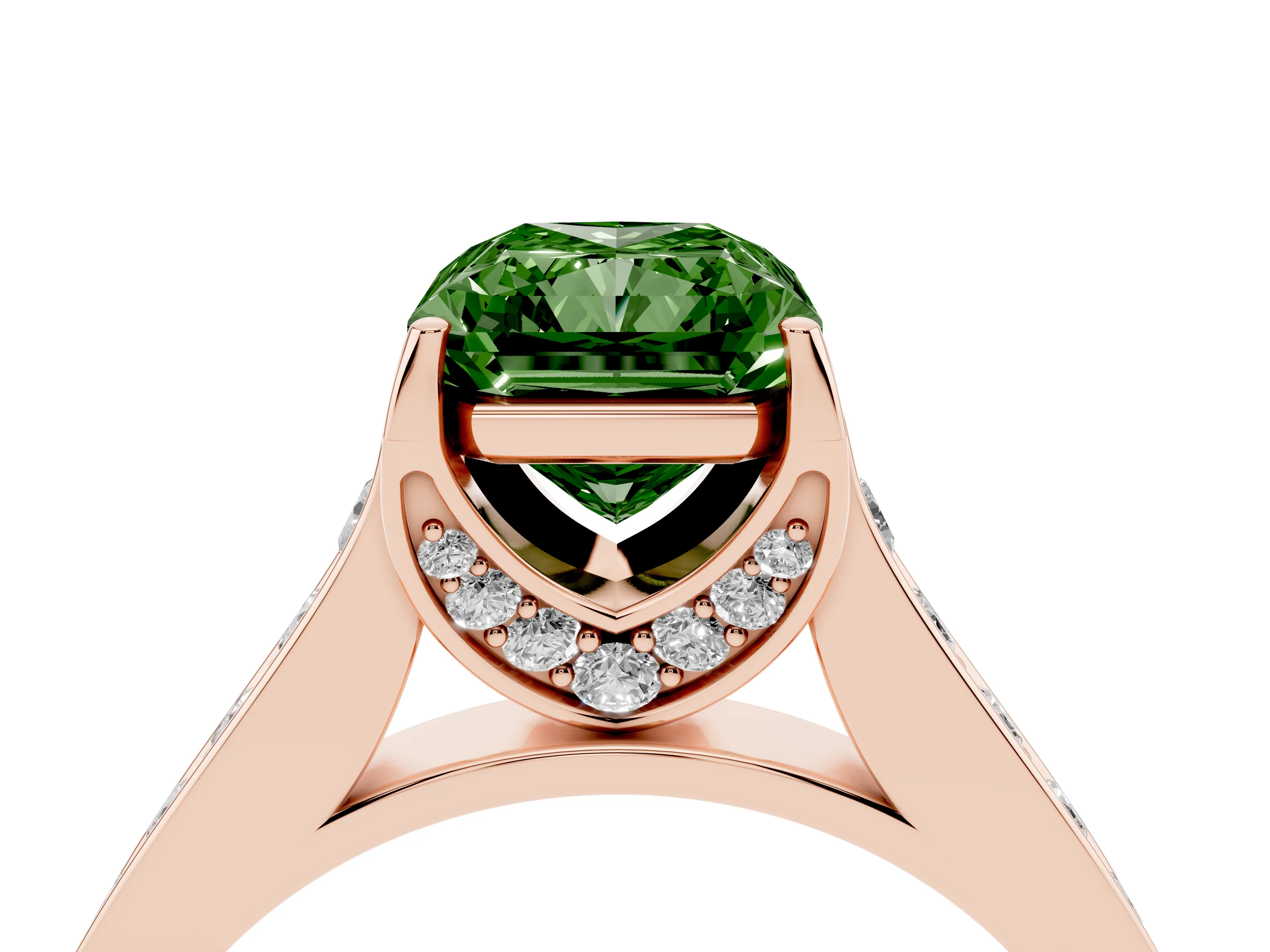 Fancy Green Radiant Cut Diamond Solitaire Pavé Engagement Ring Set in Rose gold with Prong Setting