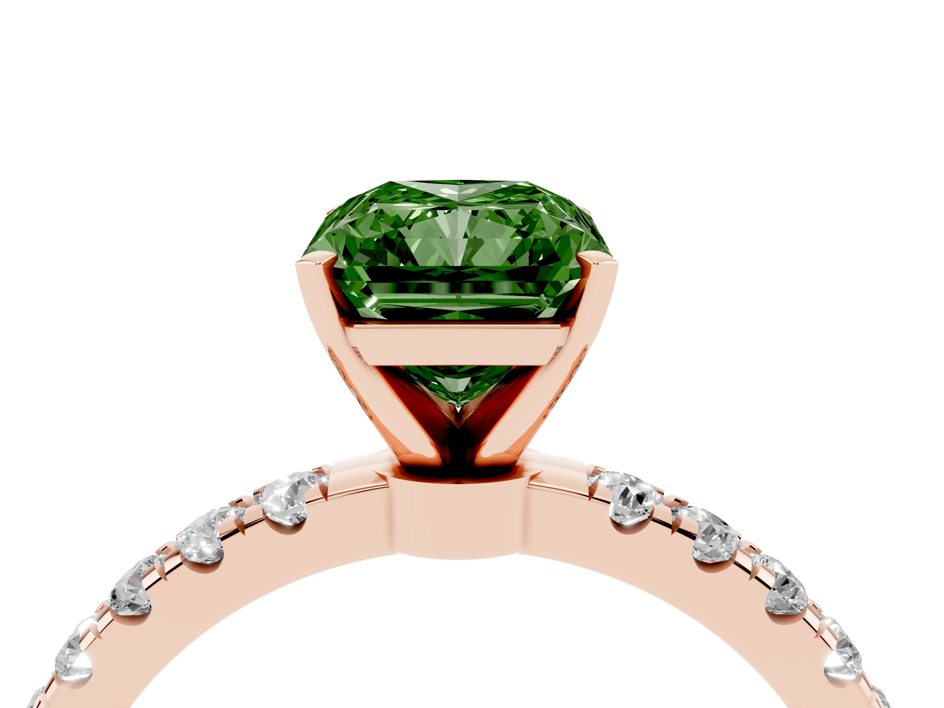 Fancy Green Radiant Cut Diamond Solitaire Ring Set in Rose gold with Pavé Accents and Prong Setting