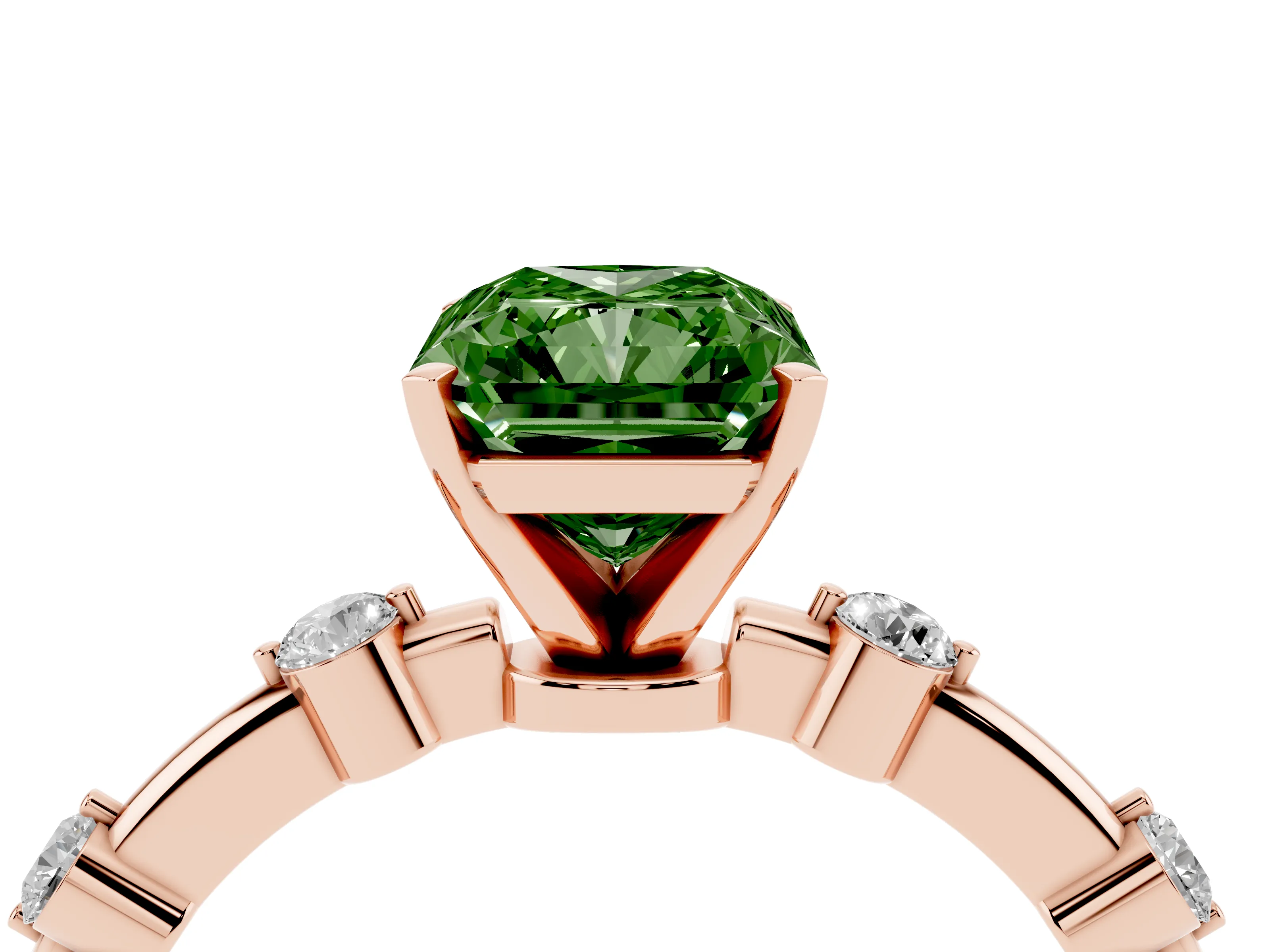 Fancy Green Radiant Cut Diamond Solitaire Ring Set in Rose gold with Bezel Set Side Stones and Prong Setting