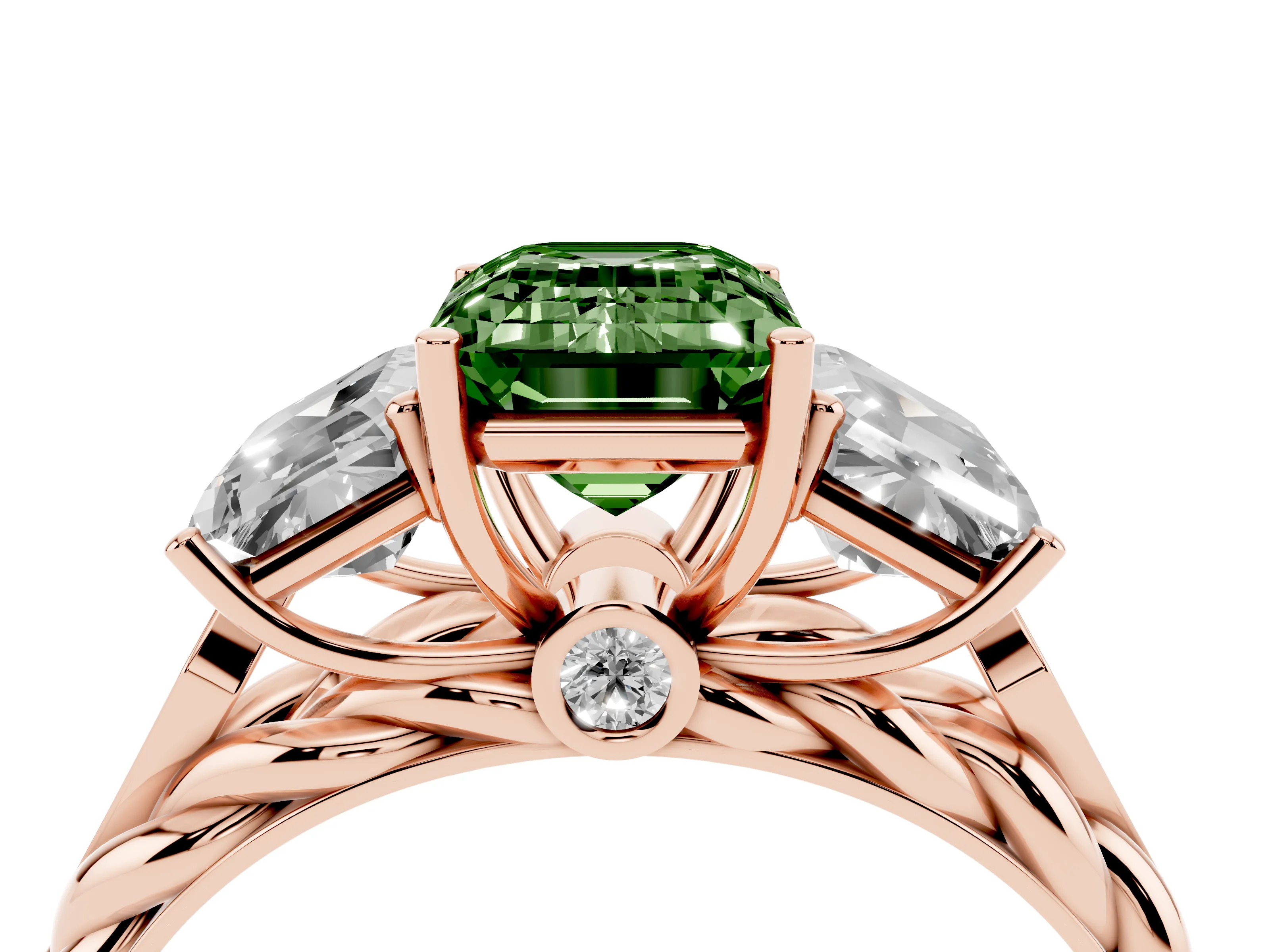 Fancy Green Radiant Cut Diamond Three-Stone Ring Set in Rose gold with Braided Band