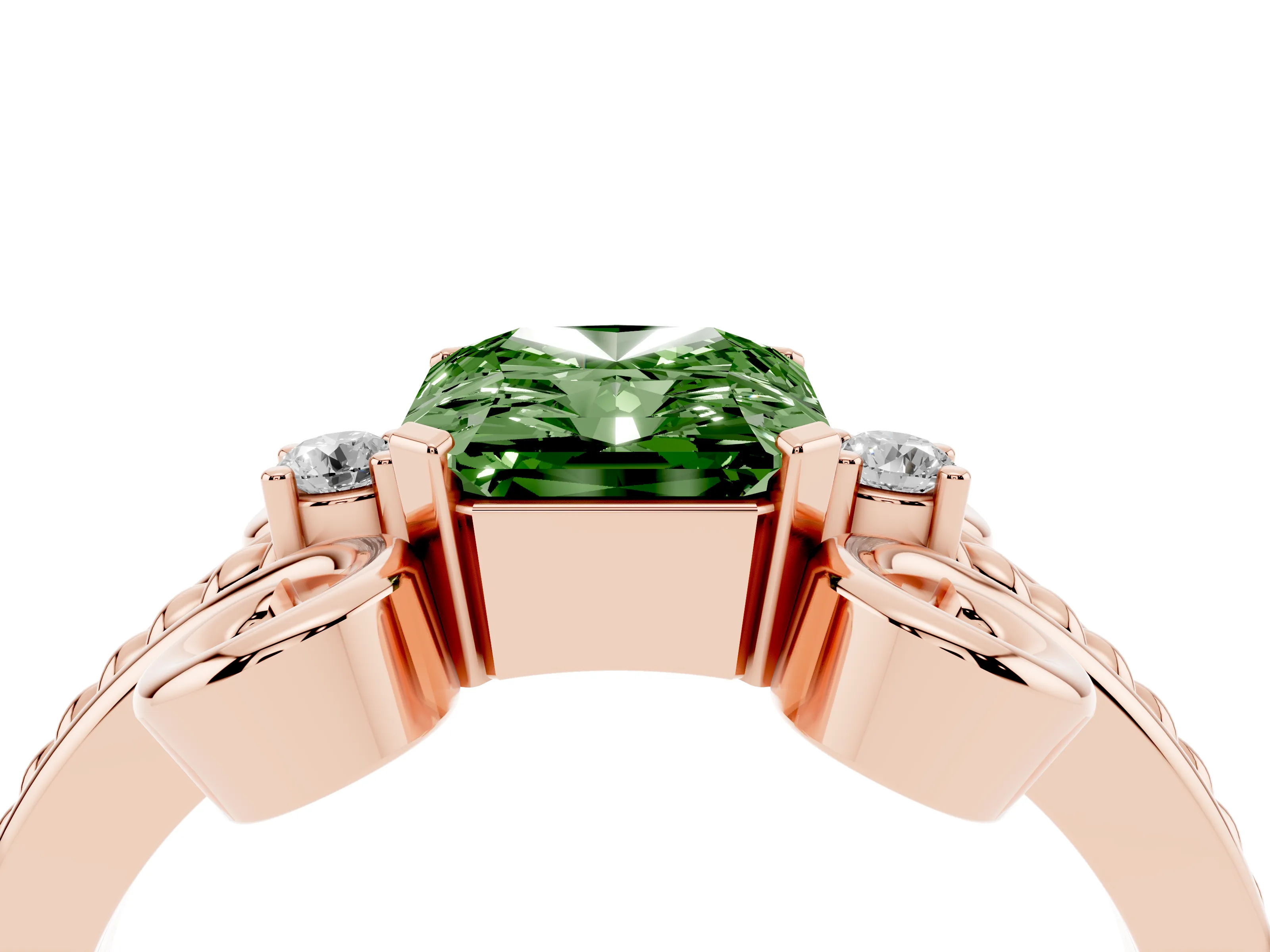Fancy Green Radiant Cut Diamond Twisted Band Solitaire Ring Set in Rose gold with Scroll Prongs