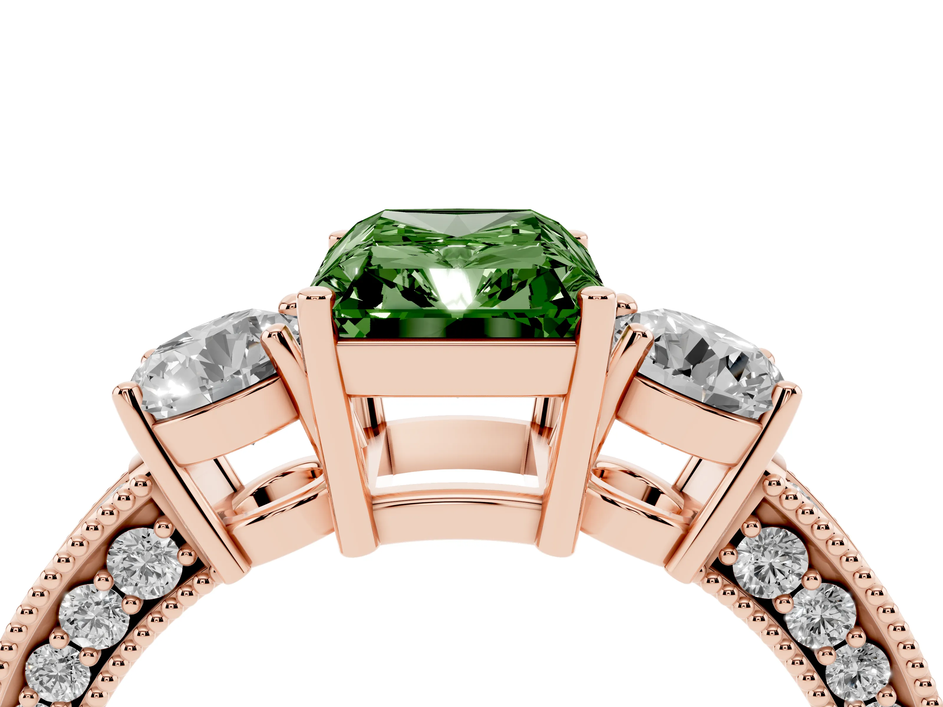 Fancy Green Radiant Cut Diamond Three-Stone Ring Set in Rose gold with Round Side Stones and Pavé Band