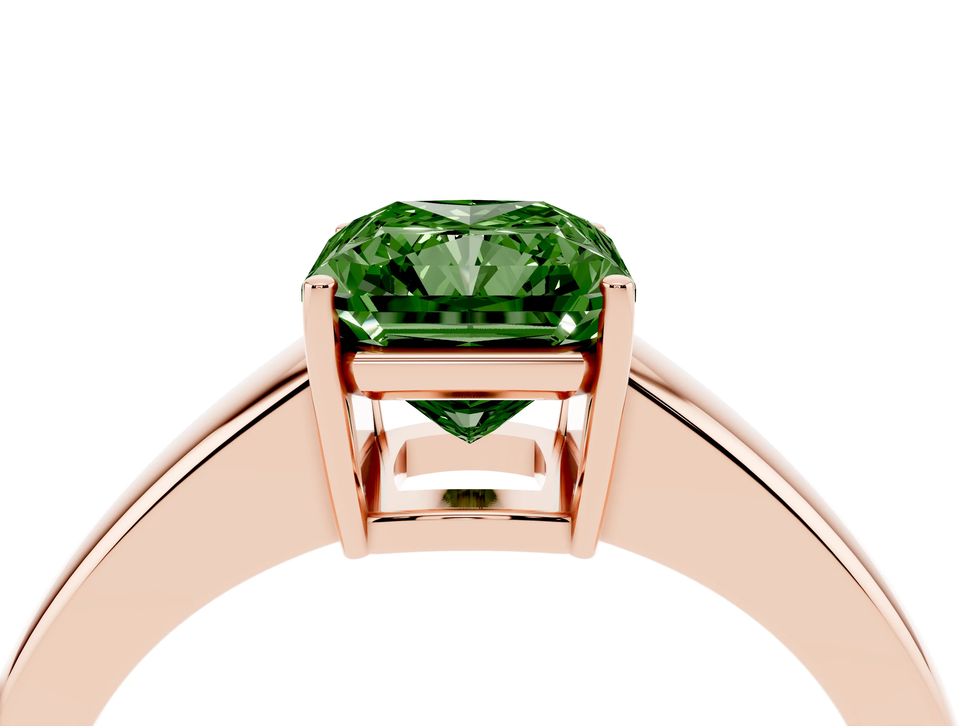 Fancy Green Radiant Cut Diamond Solitaire Ring Set in Rose gold with Tapered Band and Prong Setting