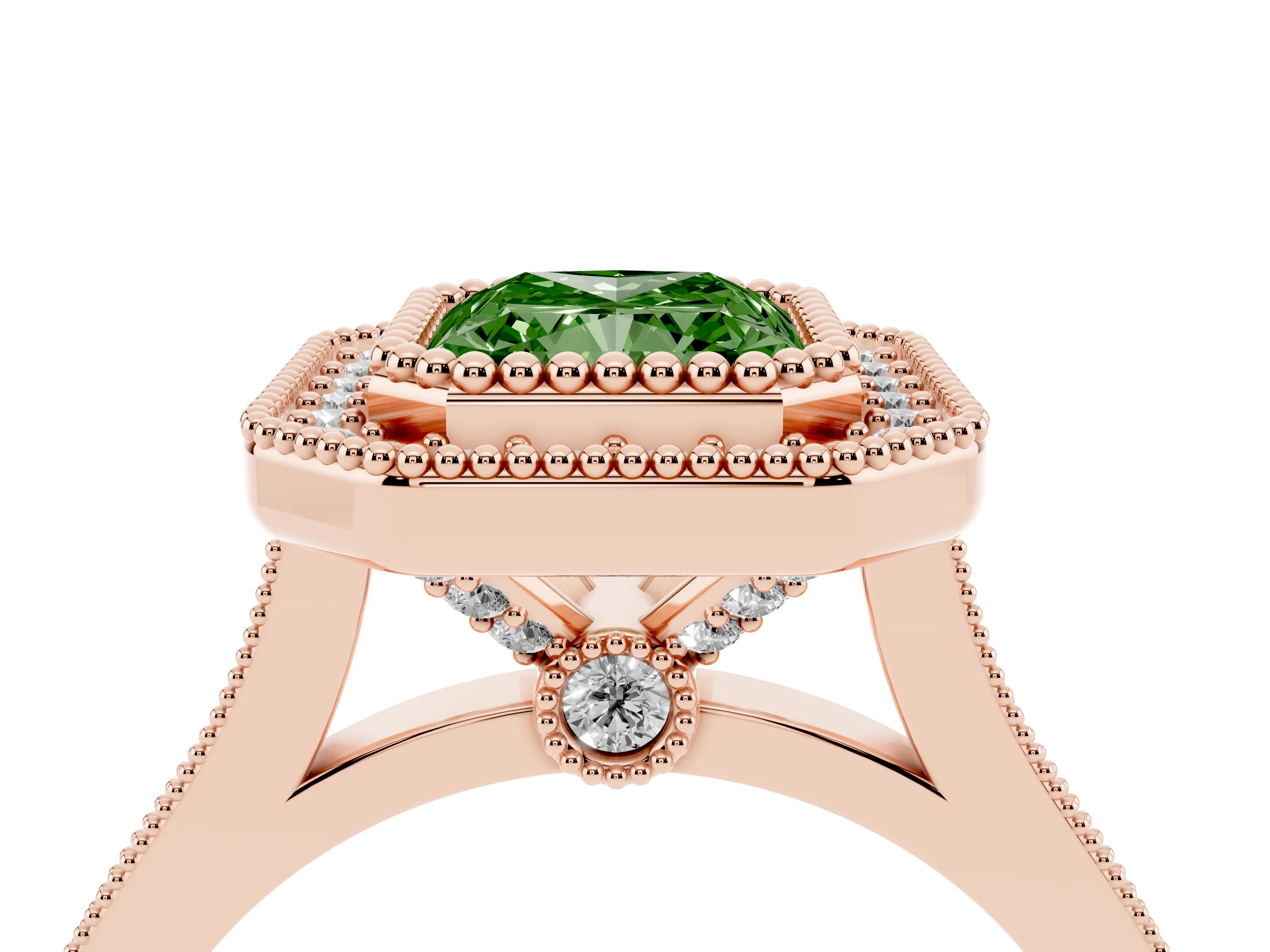 Fancy Green Radiant Cut Diamond Halo Ring Set in Rose gold with Milgrain Frame and Pavé Band