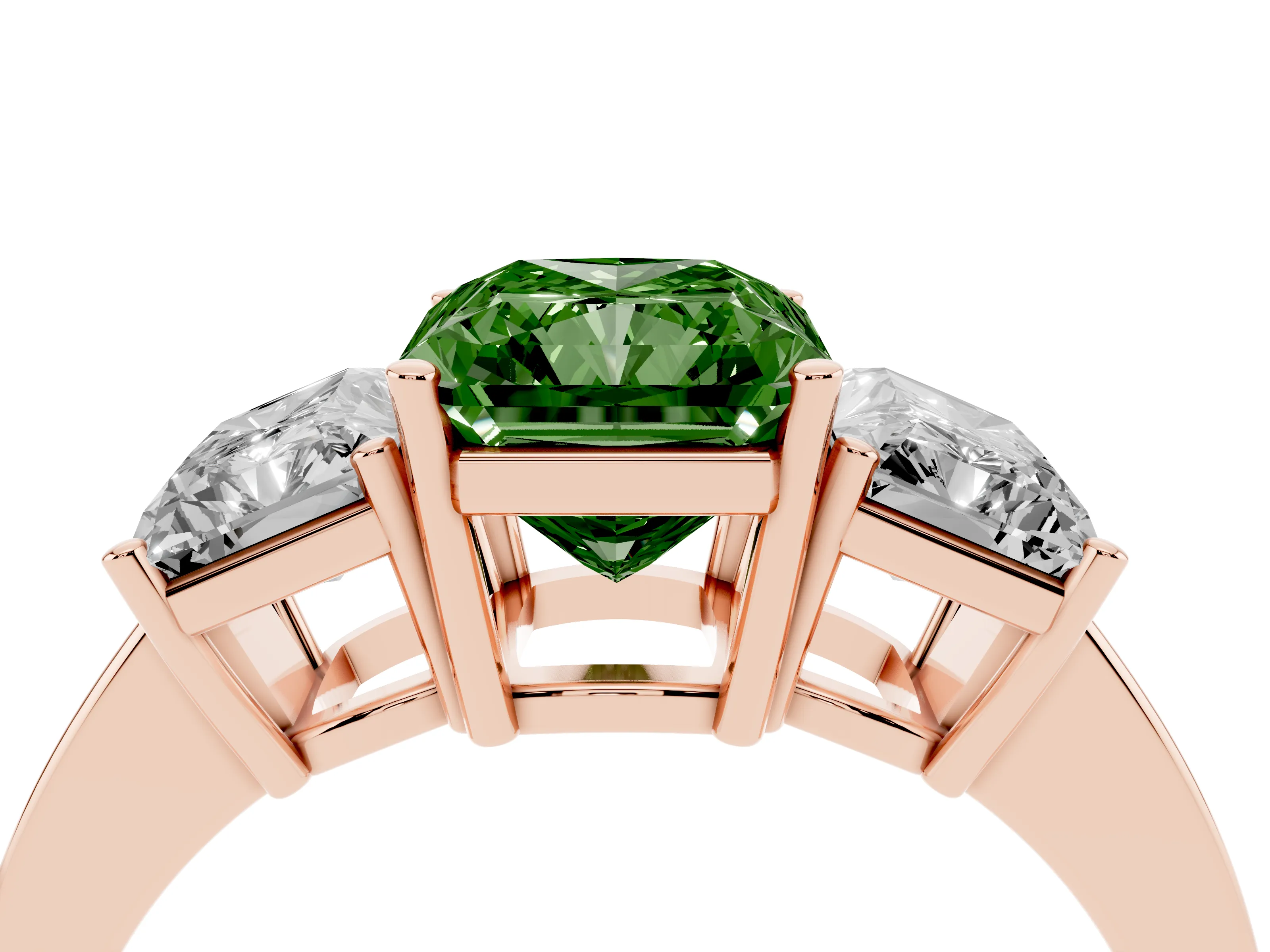 Fancy Green Radiant Cut Diamond Three-Stone Engagement Ring Set in Rose gold with Flat Band