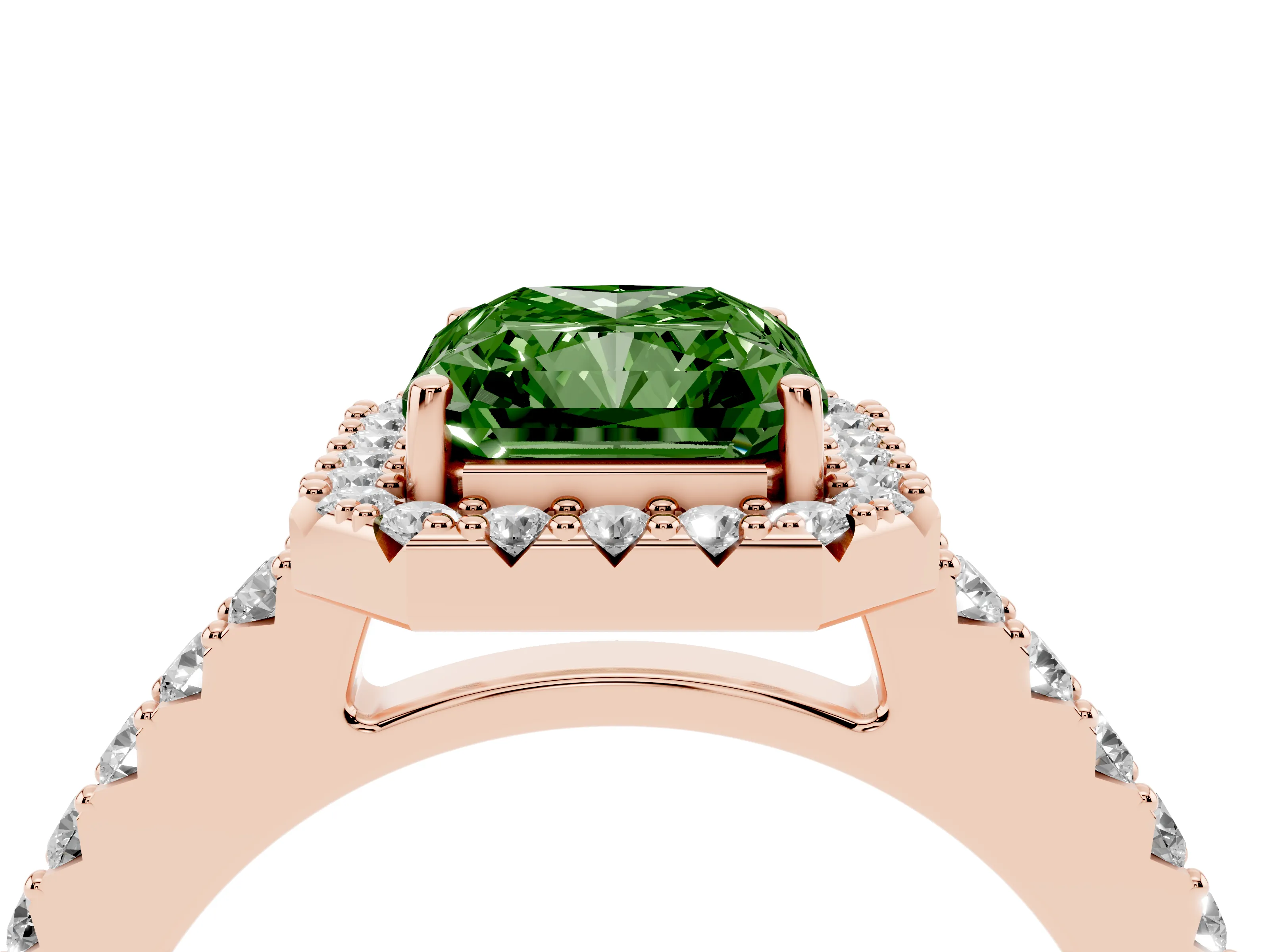 Fancy Green Radiant Cut Diamond Halo Pavé Solitaire Ring Set in Rose gold with Prong-Set Center Stone