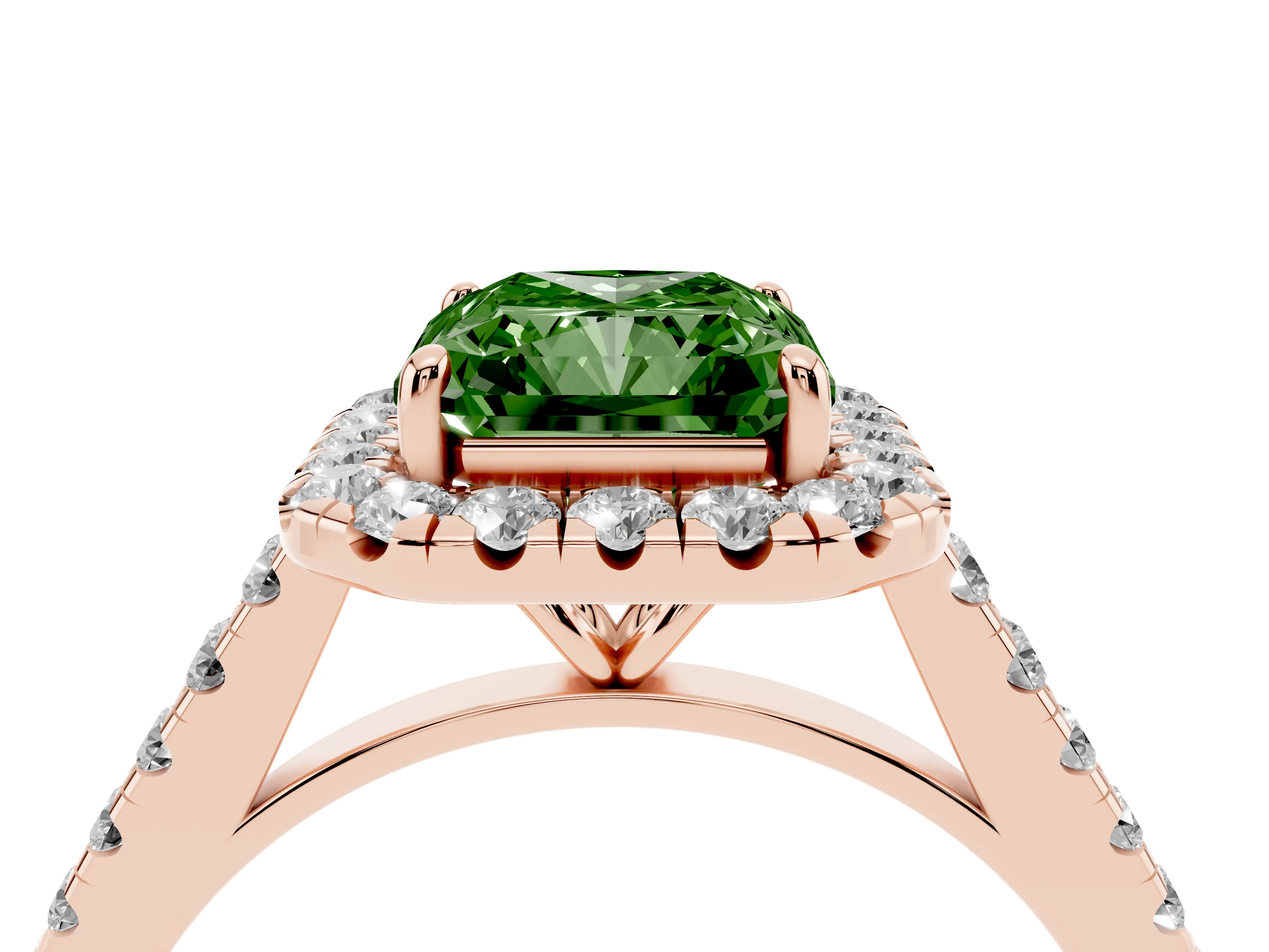 Fancy Green Radiant Cut Diamond Halo Pavé Engagement Ring Set in Rose gold with Prong Setting