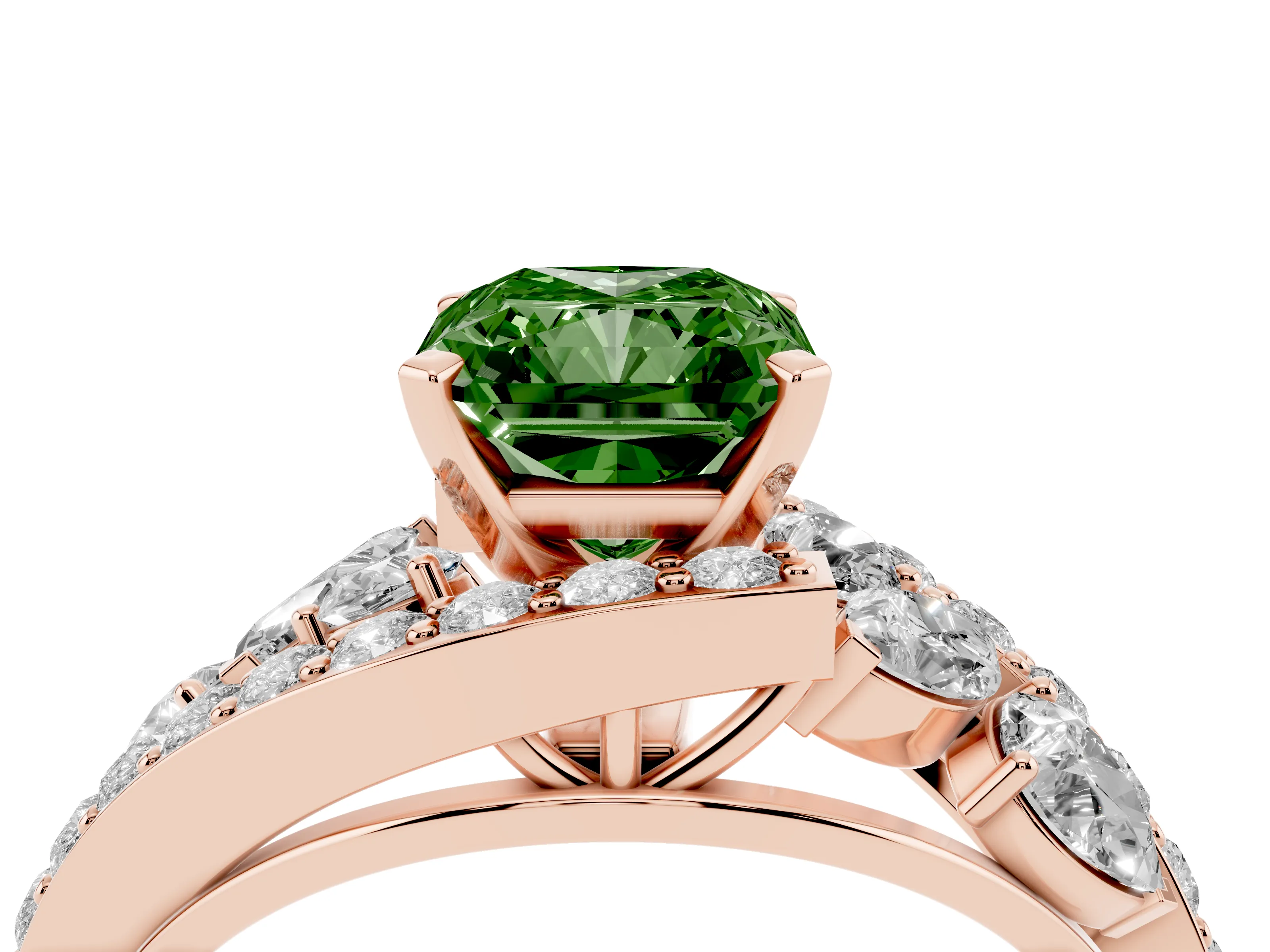 Fancy Green Radiant Cut Diamond Halo Ring Set in Rose gold with Marquise and Pavé Band in Prong Setting
